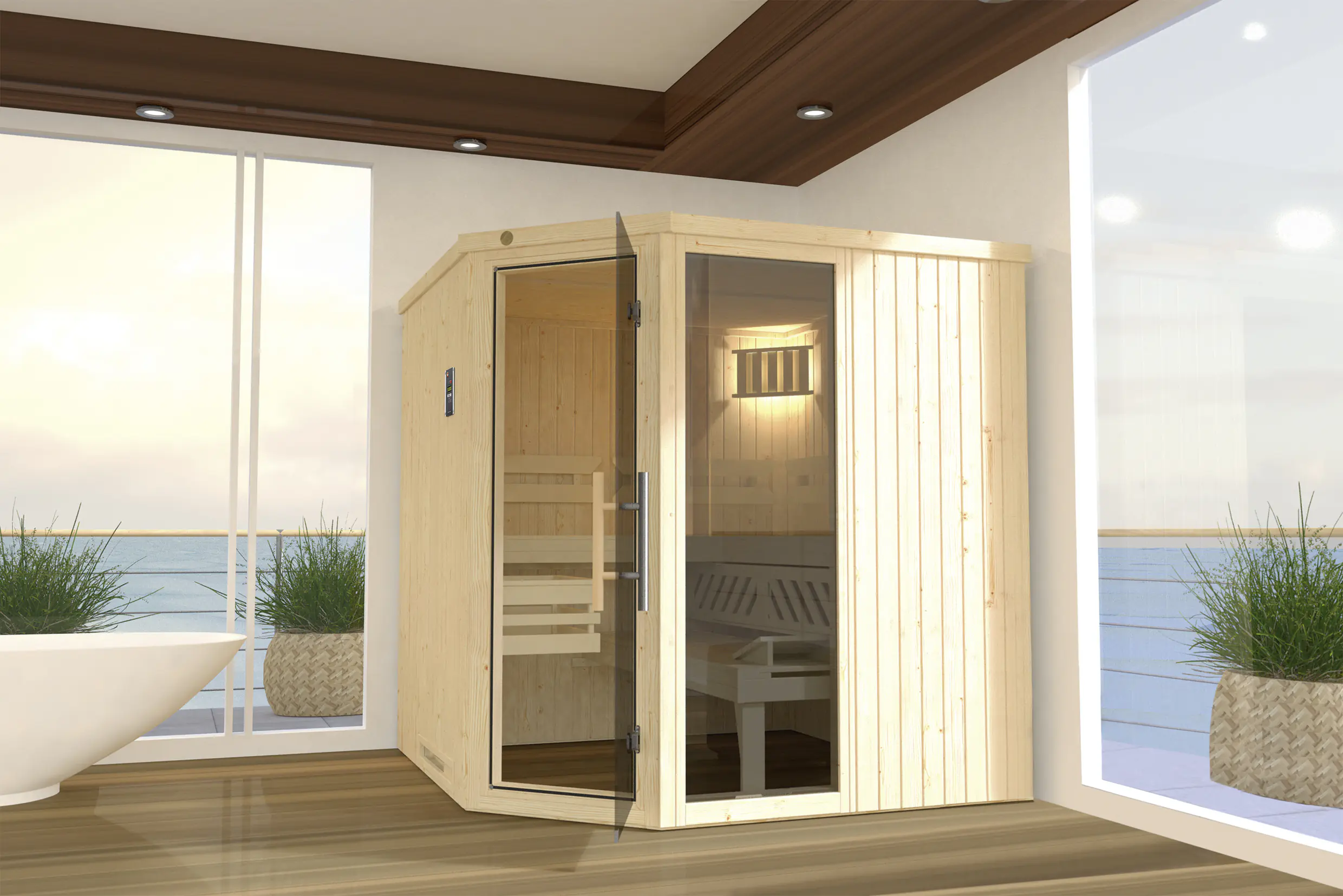 Weka Element-Ecksauna Varberg 3 GTF BioS mit Glastür und Fenster