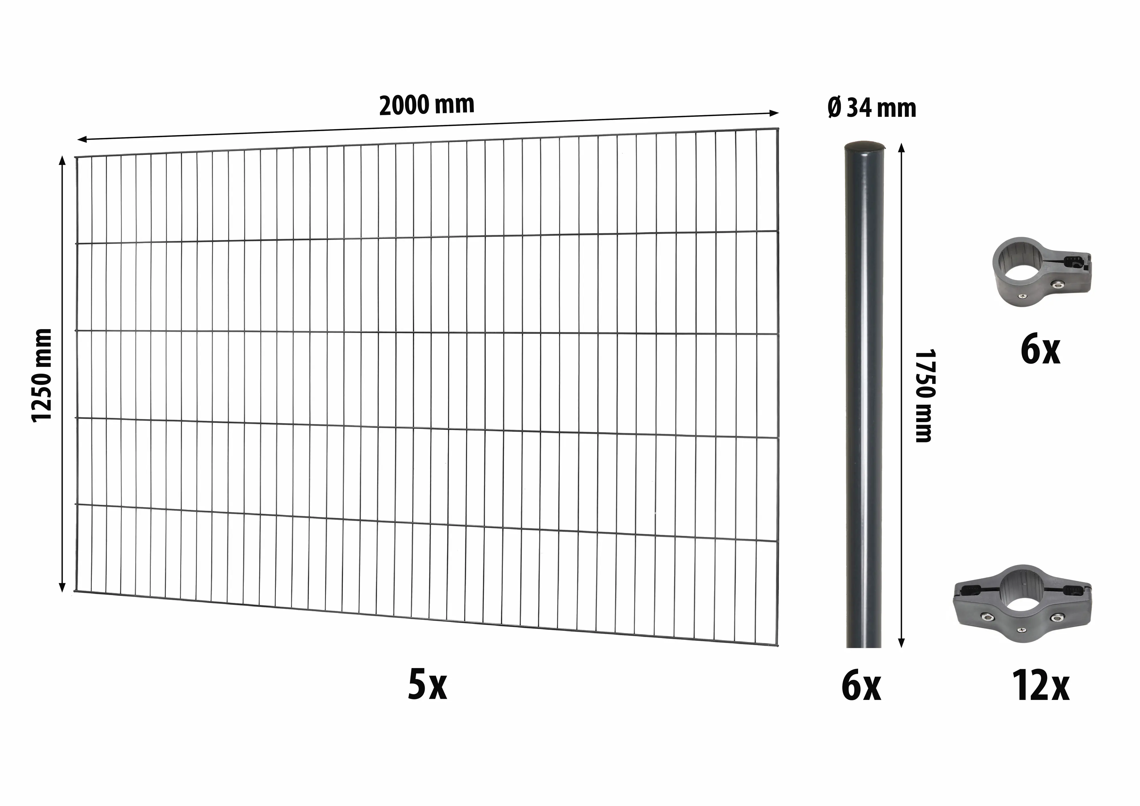 Floraworld Einstabmatten-Zaun Set Classic 10 m 200 x 125 cm inkl. 6 Pfosten 175 cm anthrazit