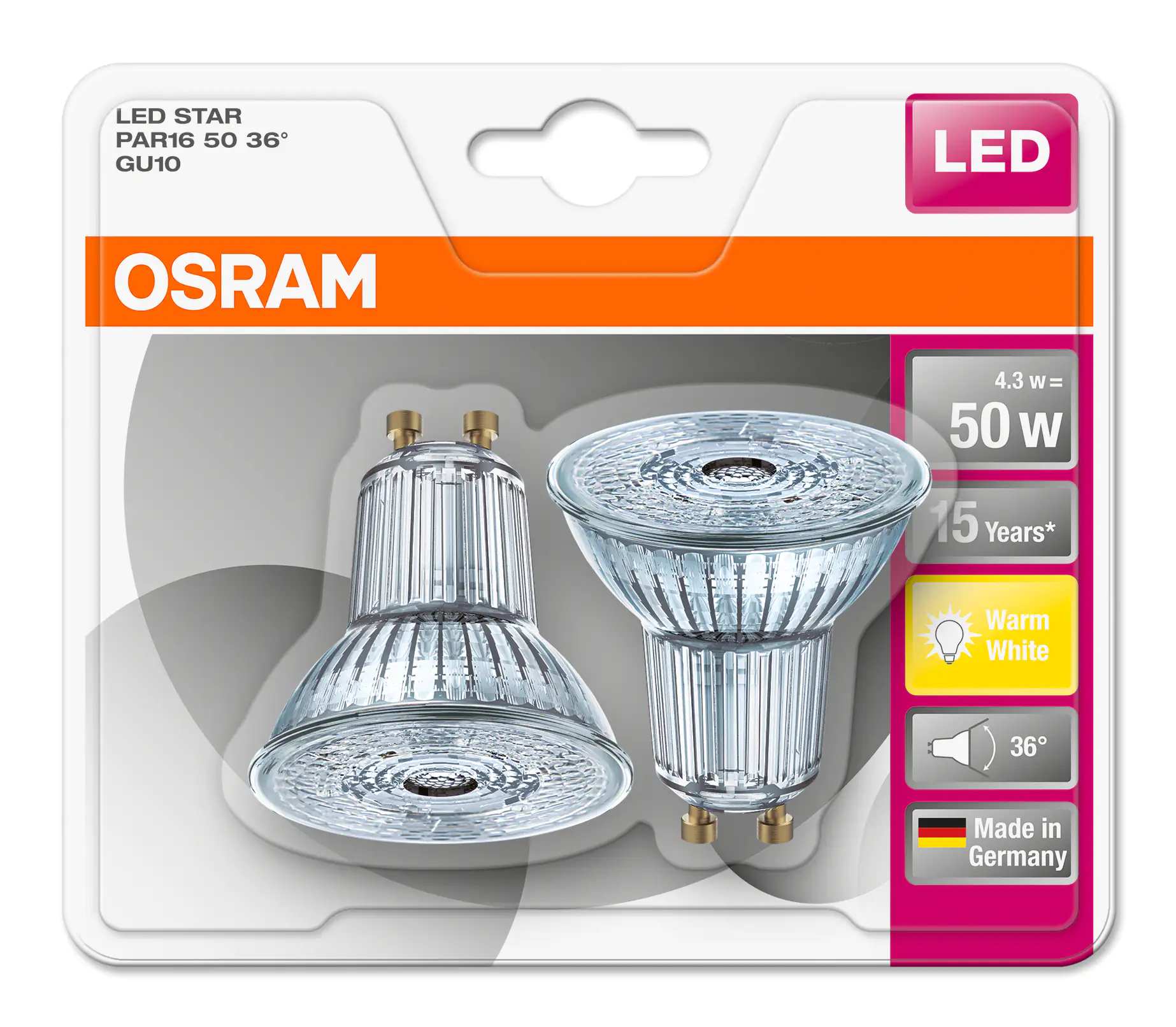 Osram LED Reflektor Star PAR16 50 GU10 4,3W 2er Pack warmweiß, klar