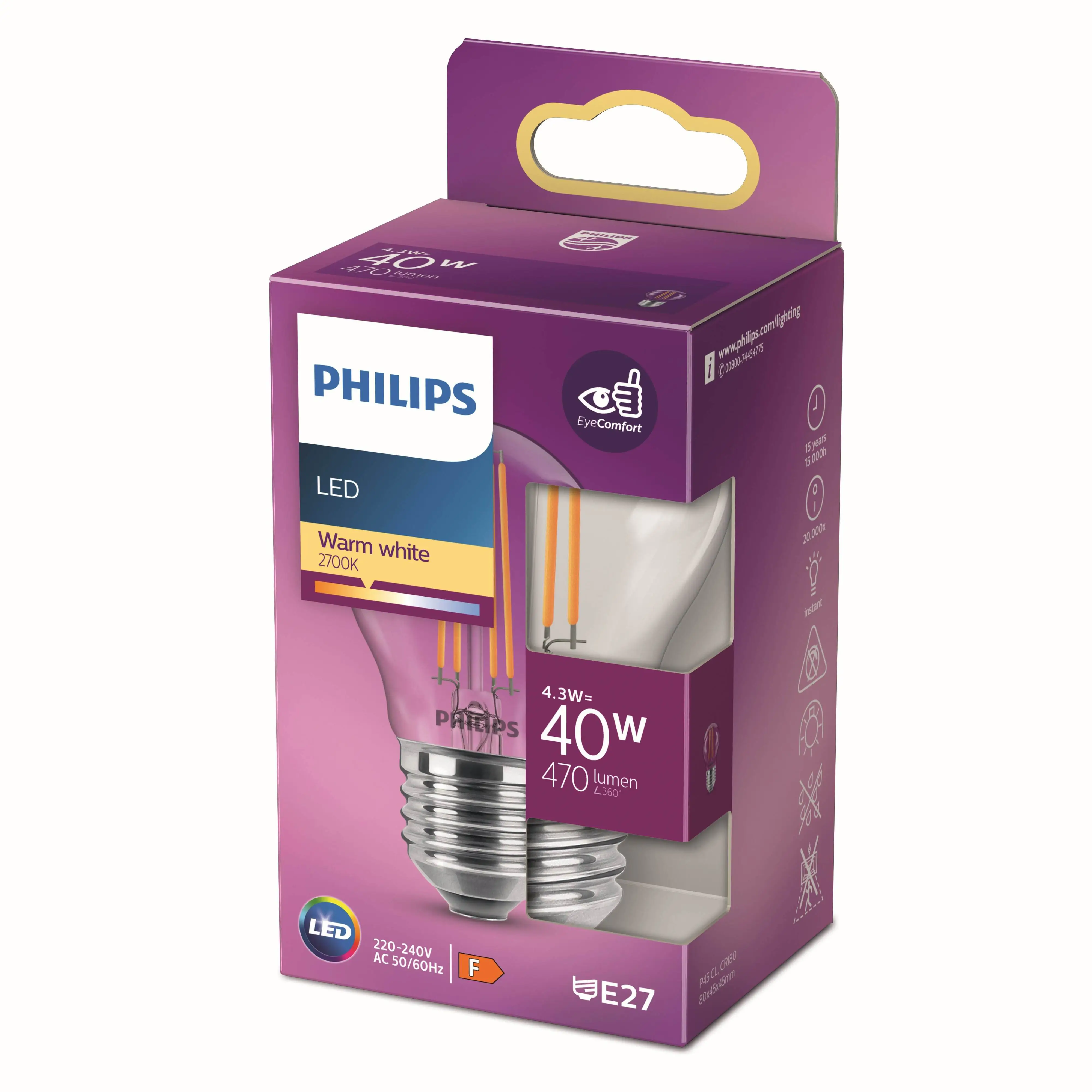 Philips LED-Leuchtmittel Filament Tropfenform P45 E14 4,3W warmweiß