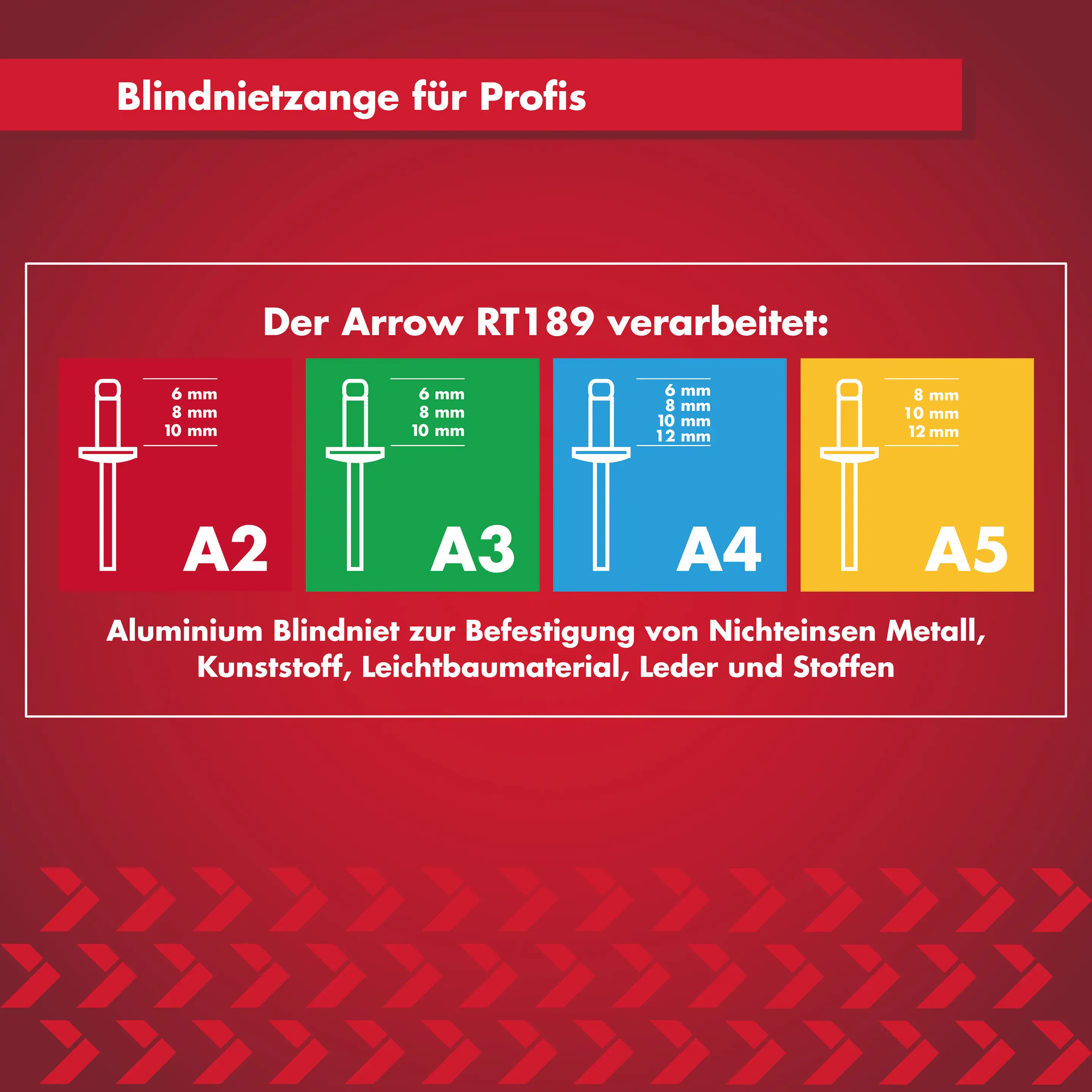 Arrow Blindnietzange RT189 Set 20,5 cm inkl. 100 Nieten, 4 HSS-Bohrer & 4 passende Mundstücke