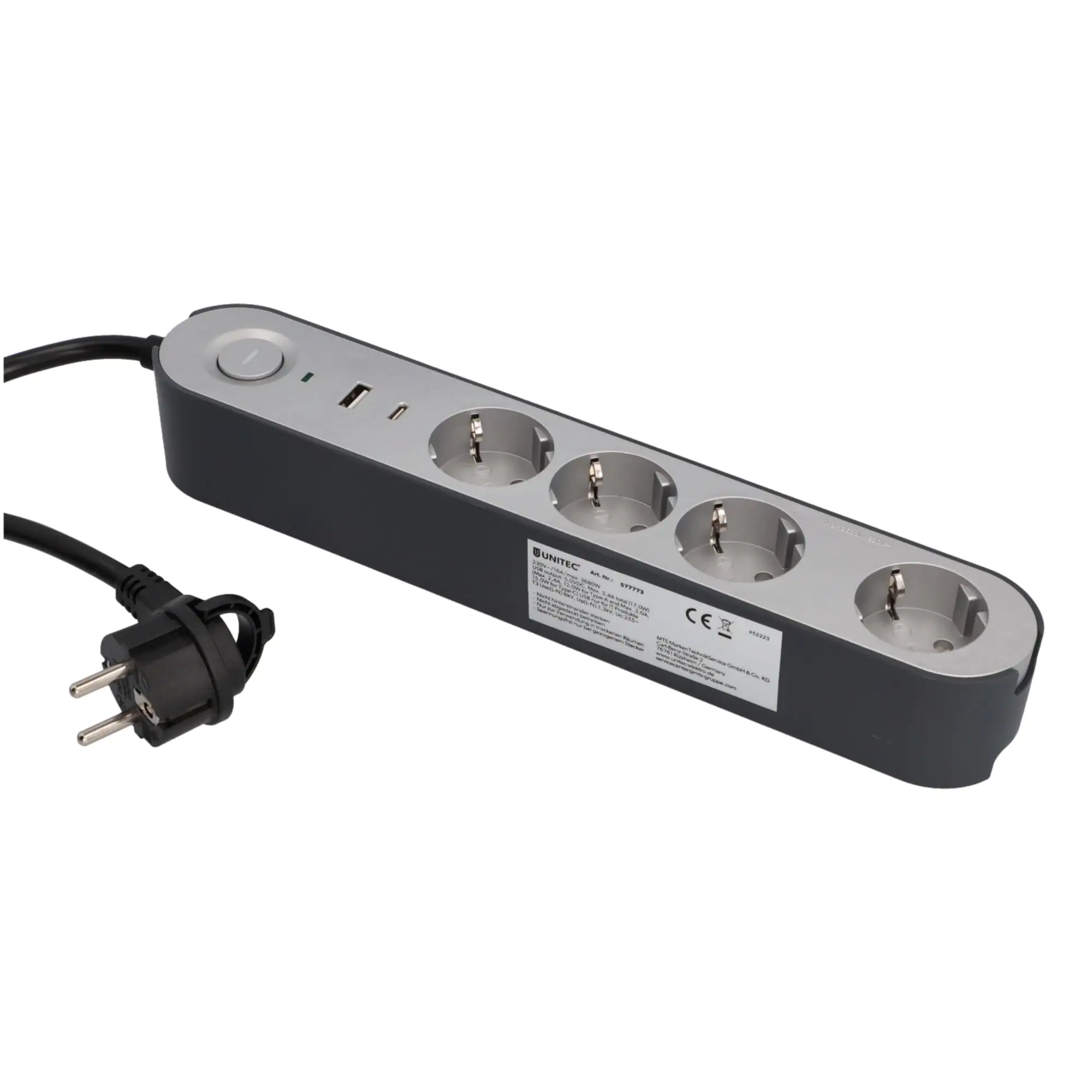 Unitec Tischsteckdose Greenline 4-fach 1,8 Meter mit Schalter silber/anthrazit
