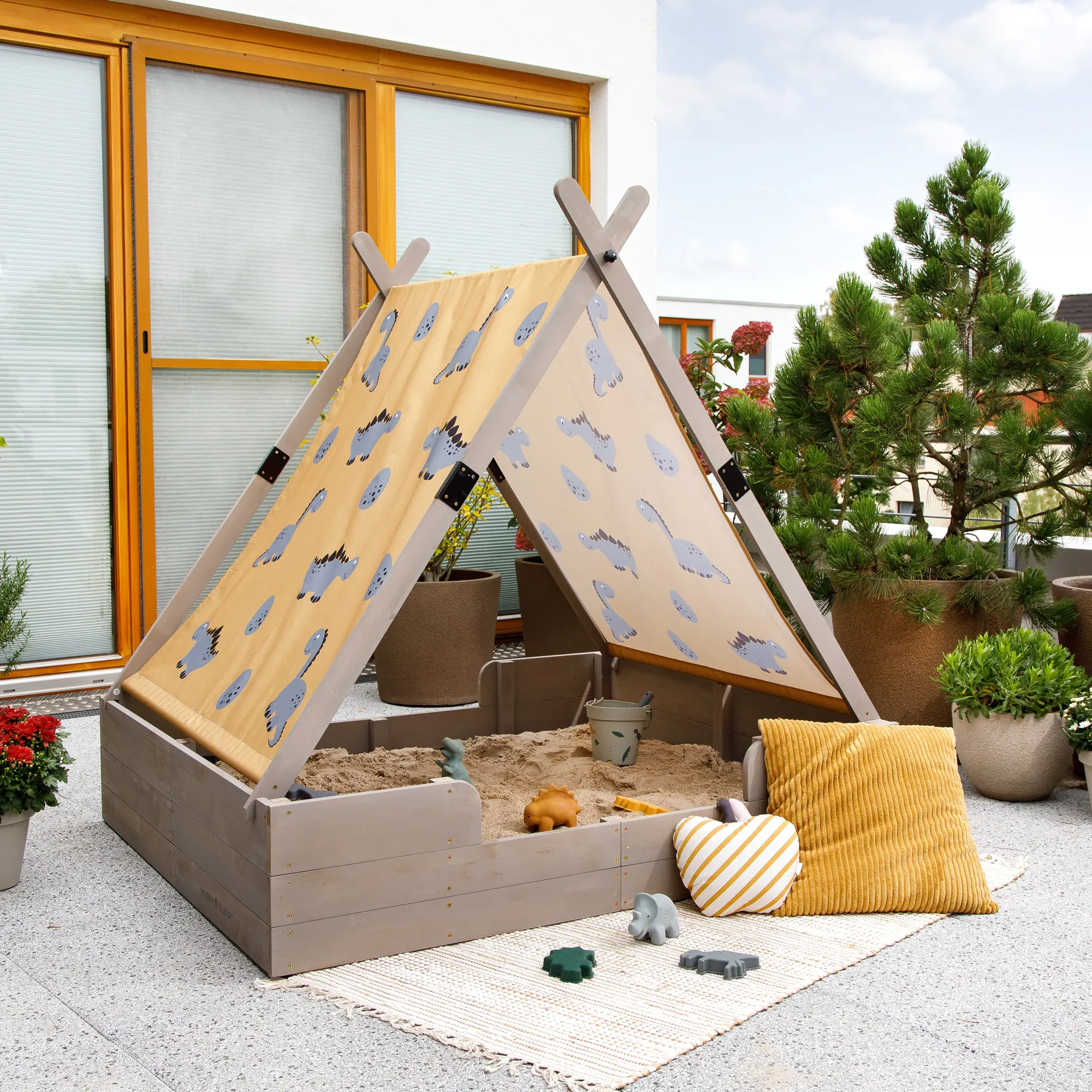 Muddy Buddy Sandkasten mit Zelt Dino Lover 140 x 120 x 140 cm