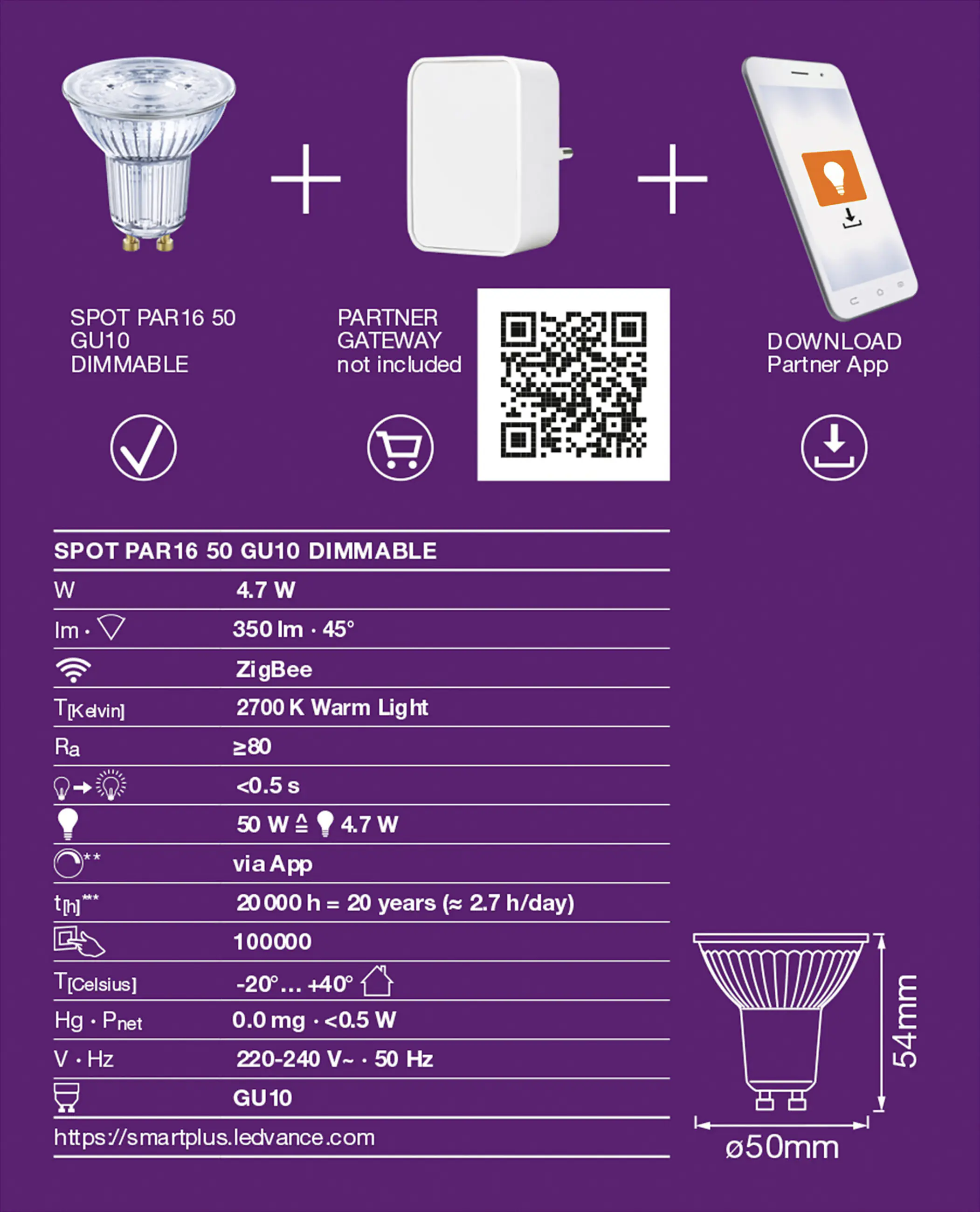 Ledvance LED Leuchtmittel Smart ZB PAR16 GU10 4,7 W warmweiß dimmbar