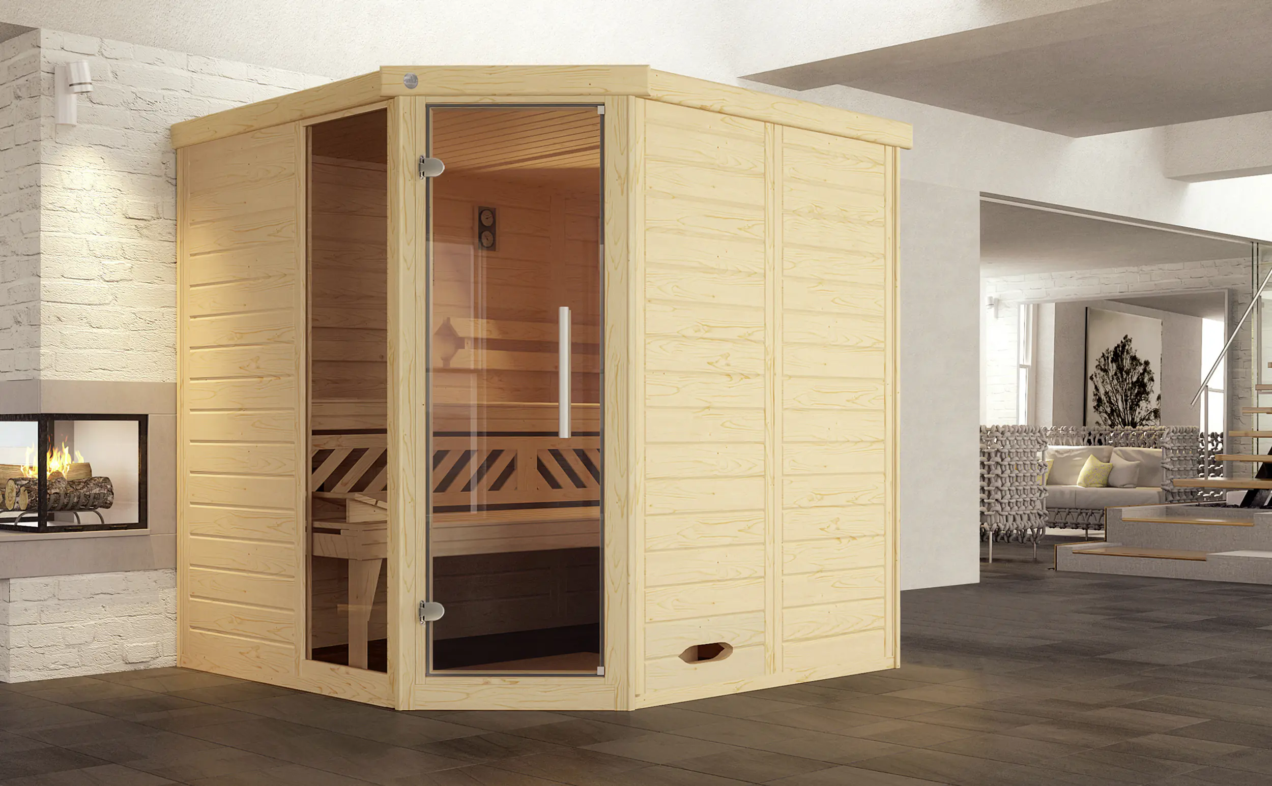 Weka Massivholz-Eck-Sauna Kemi Eck 1 mit Glastür/Fenster