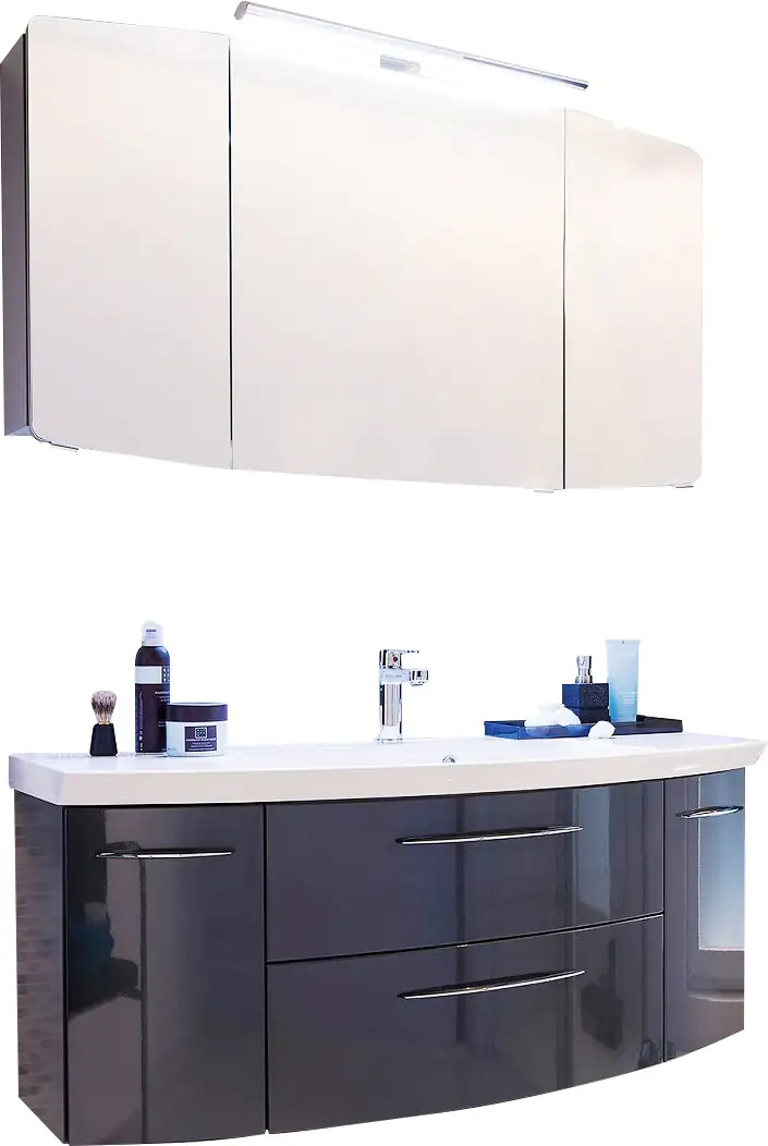 Pelipal Badmöbel-Set Cassca Anthrazit Hgl mit Mineralmarmor-Waschtisch + LED-Leuchte 121 cm