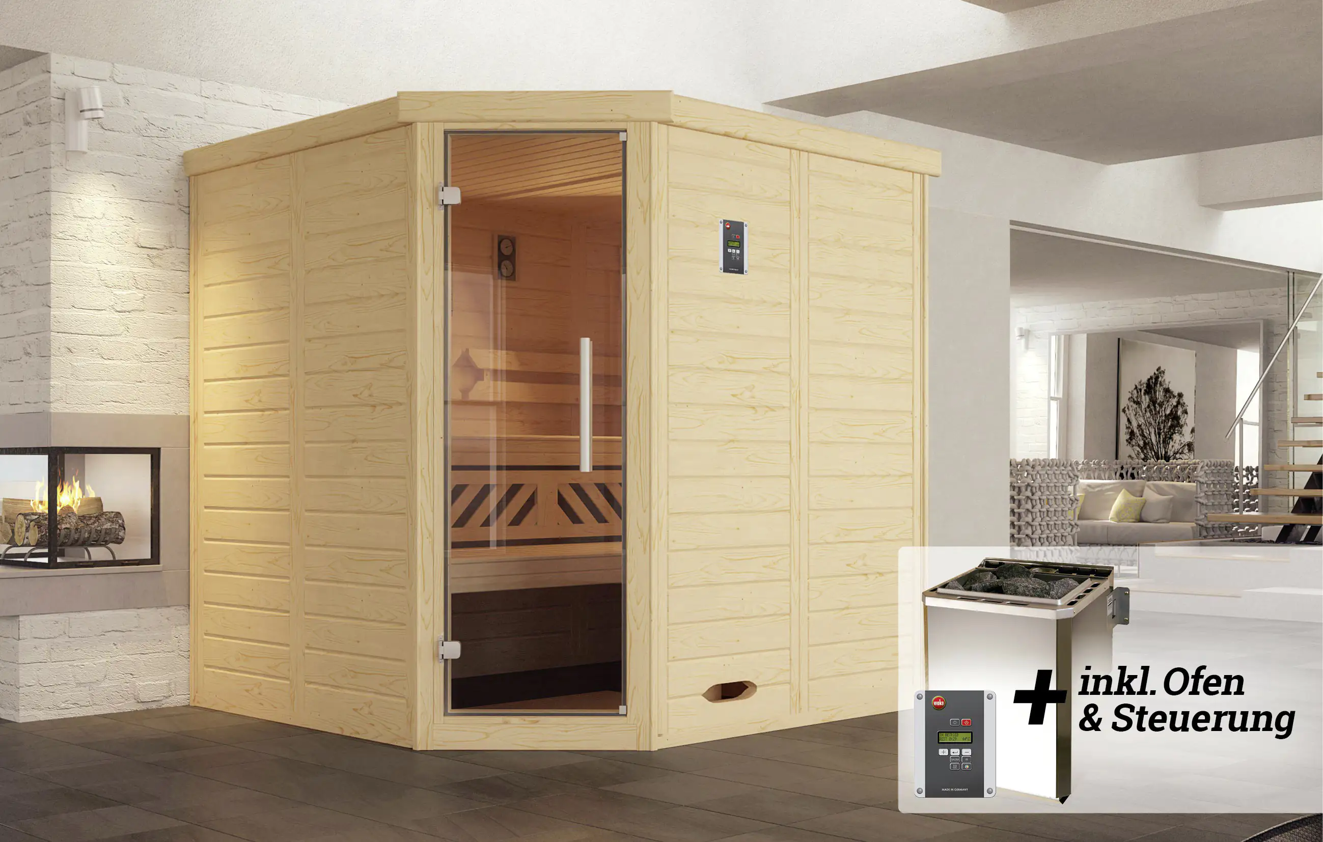 Weka Premium Massivholz-Elementsauna Kemi Eck Gr. 2 Sparset 7,5 kW BioS