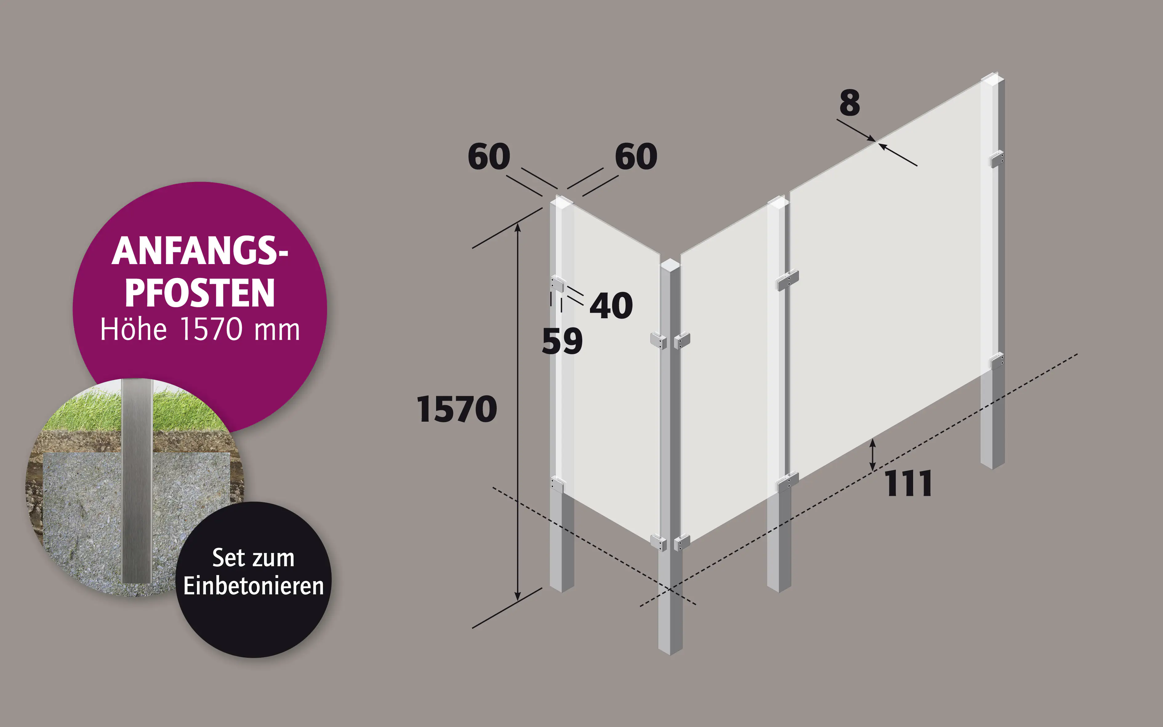 Ambiente Anfangspfosten-Set zum EINBETONIEREN 157 cm 6 x 6 cm Edelstahl V2A