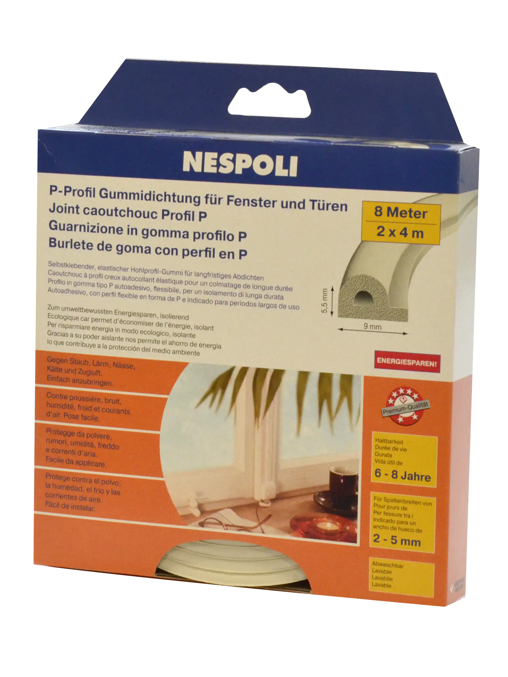 Nespoli Fenster- und Türdichtung mit P-Profil je 4 m, 9 x 5,5 mm, weiß, 2 Stück