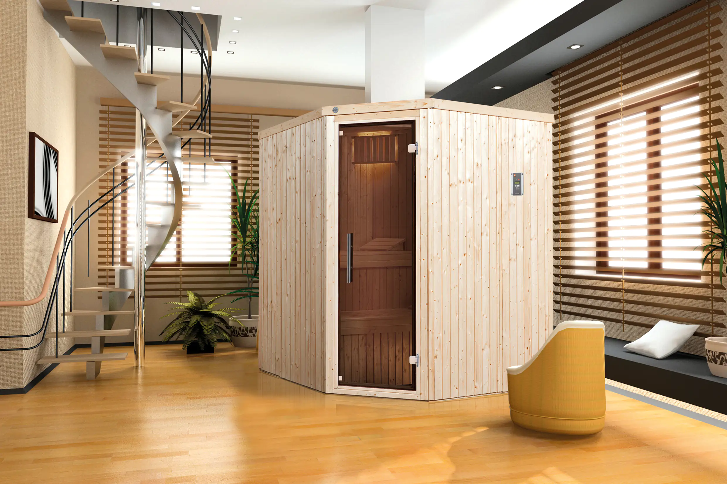 Weka Element-Sauna Kiruna 2 mit Glastür und Saunaofen