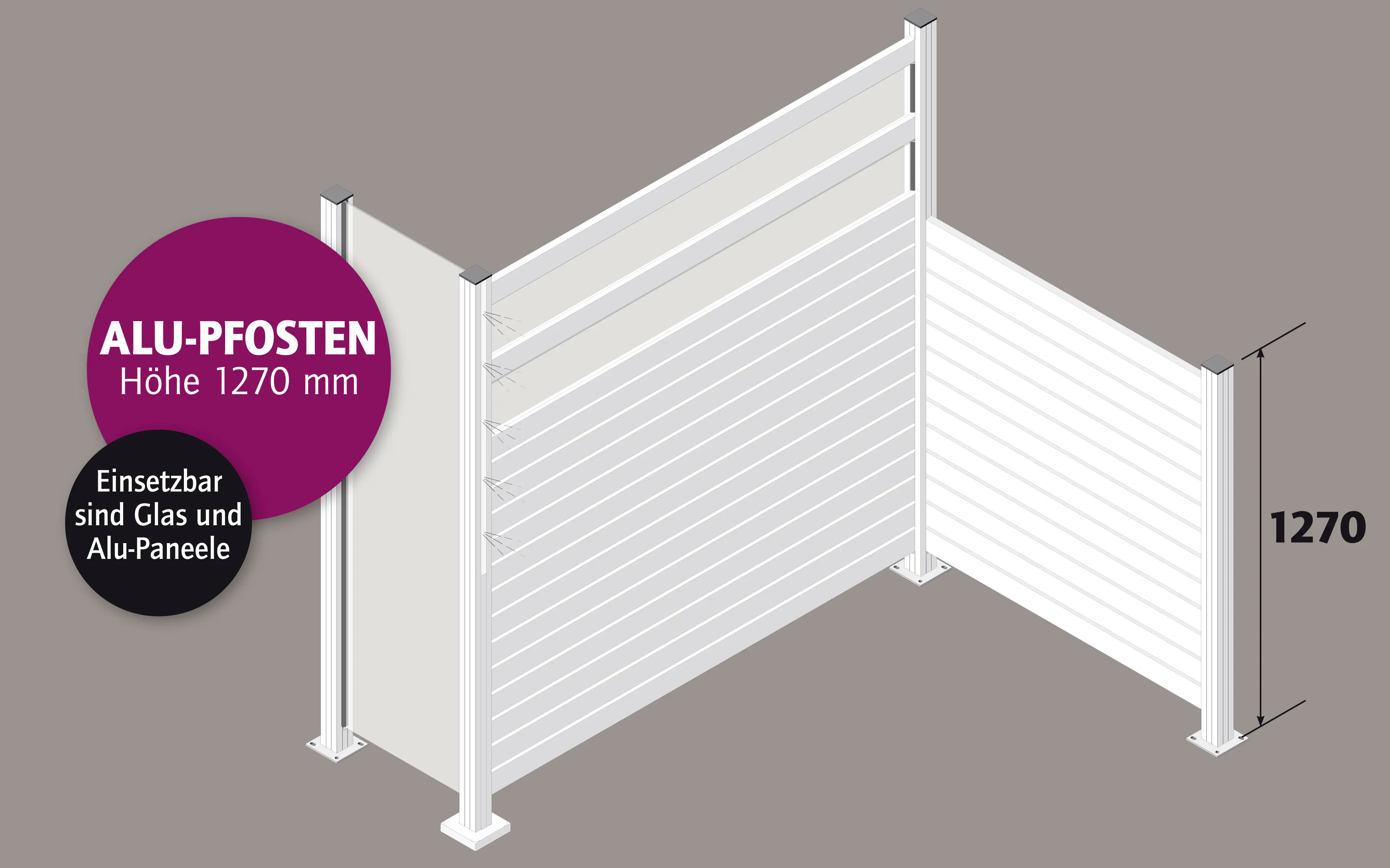 Ambiente Aluminium-Pfosten 127 cm, 68 x 68 mm, Verkehrsweiß Struktur 9016