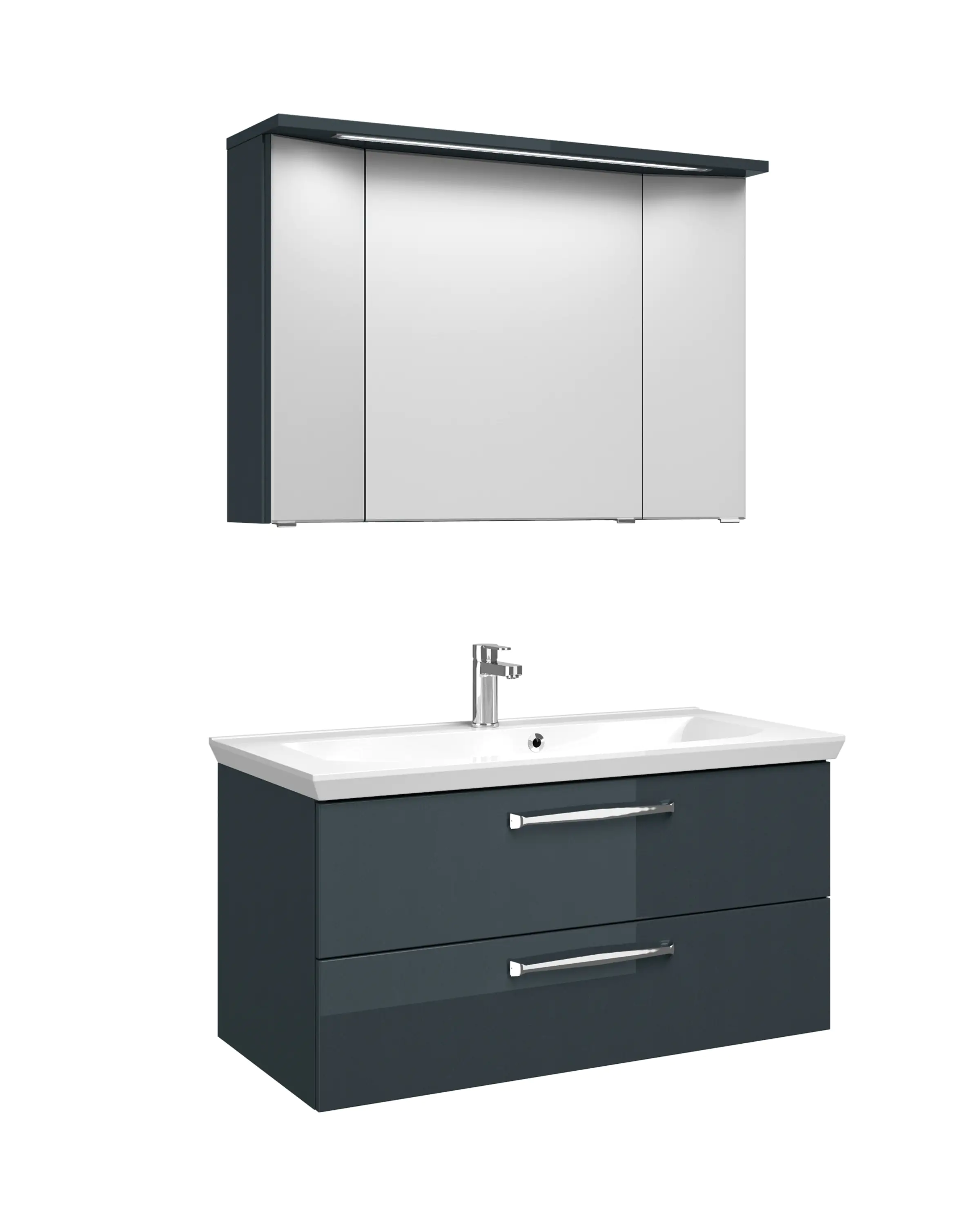Pelipal Badmöbel-Set Trentino Anthrazit Hgl mit Mineralmarmor-Waschtisch + 3D-Spiegelschrank 110 cm