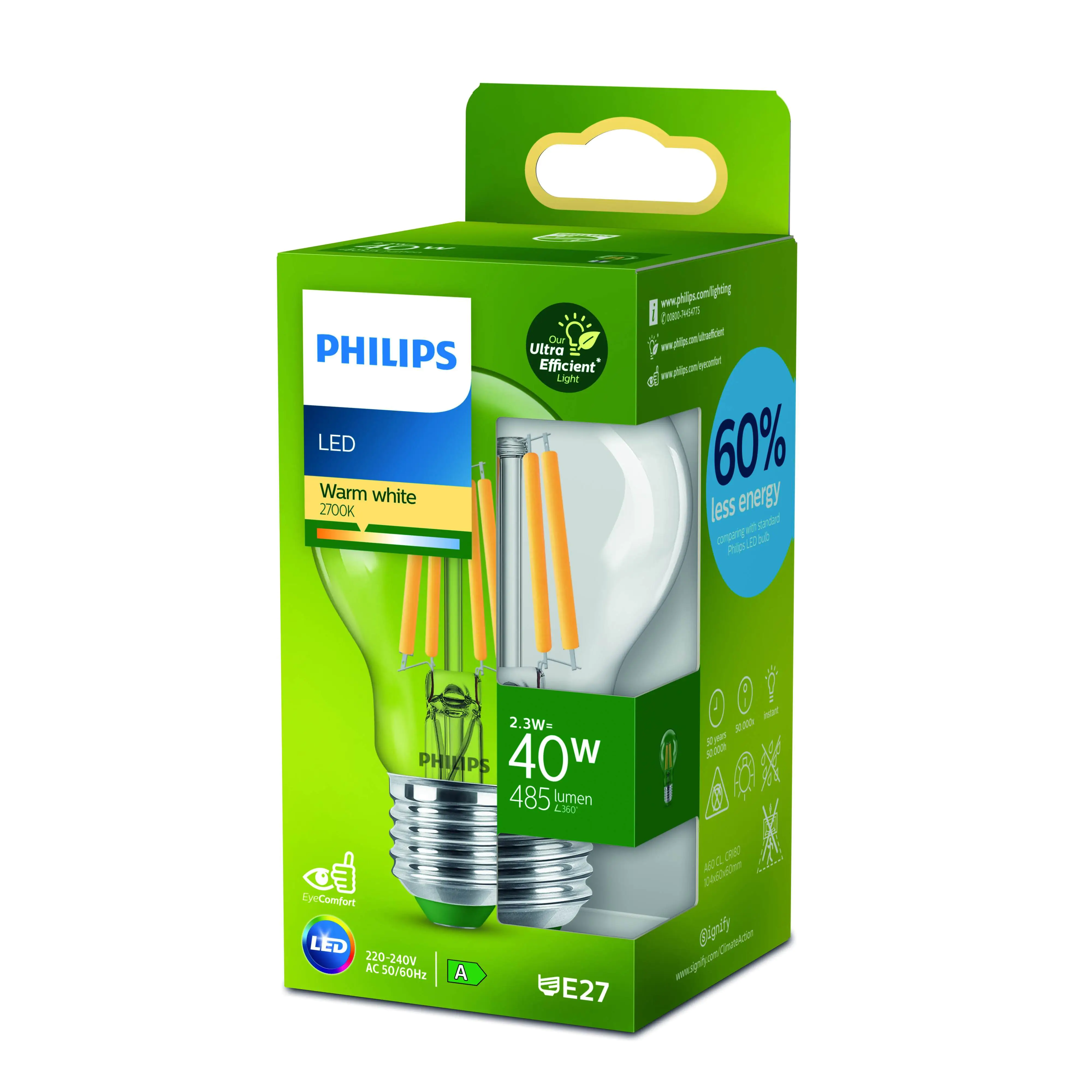 Philips LED-Leuchtmittel Birnenform A60 E27 2,3W warmweiß