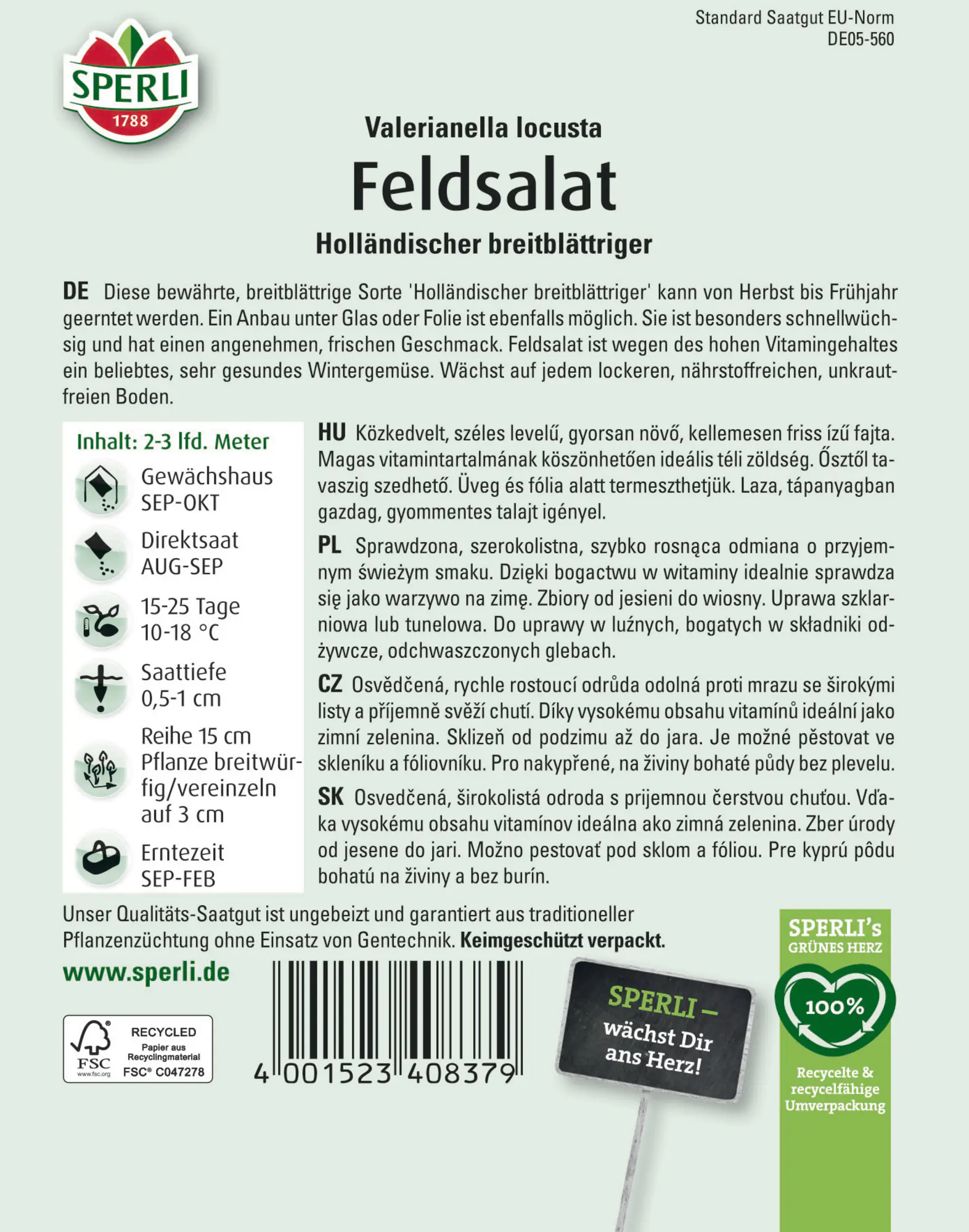 Sperli Saatgut Feldsalat Holländischer Breitblättriger für bis zu 2-3 lfd. Meter