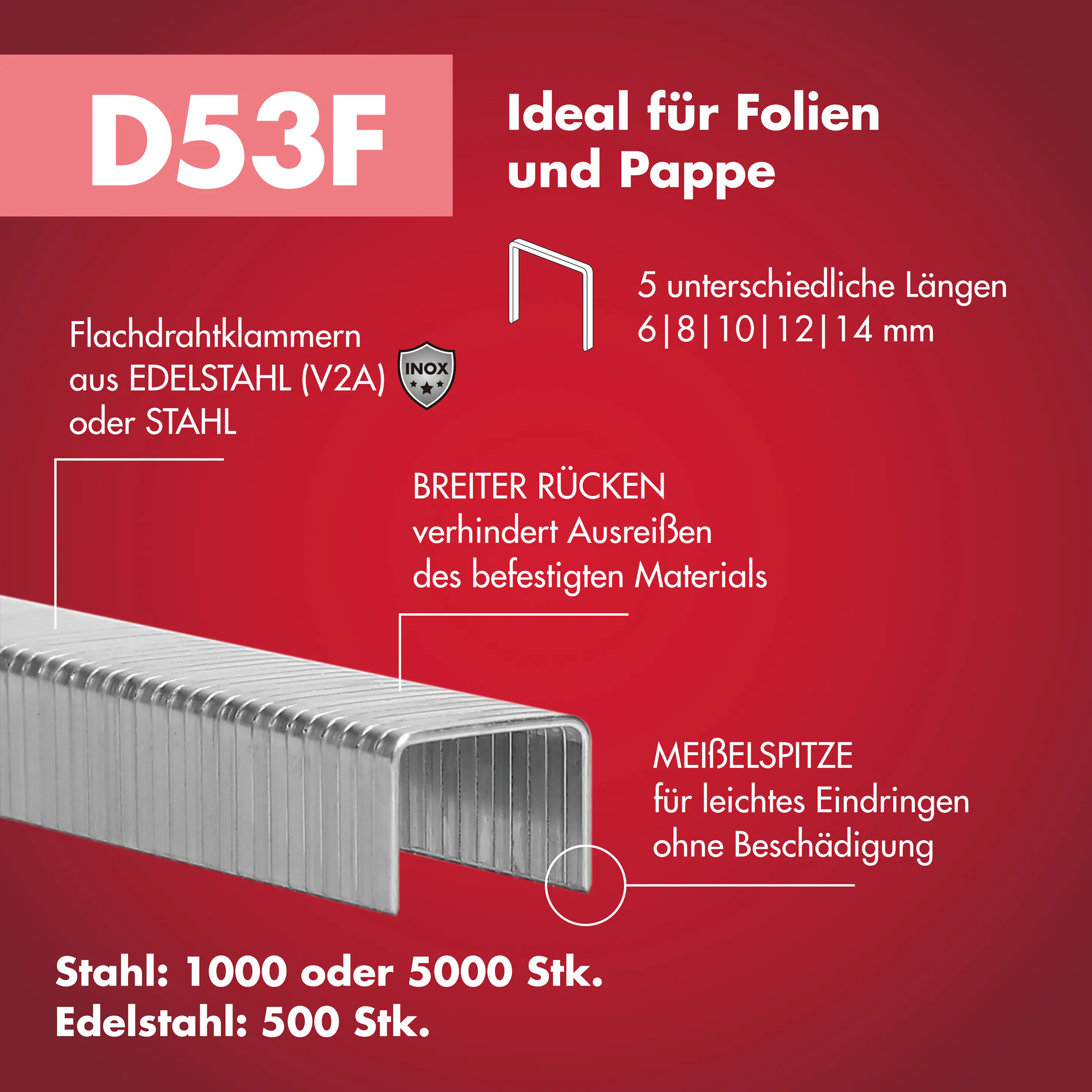 Arrow Tackerklammer Flachtdraht D53F 6 mm Folie 1000 Stück