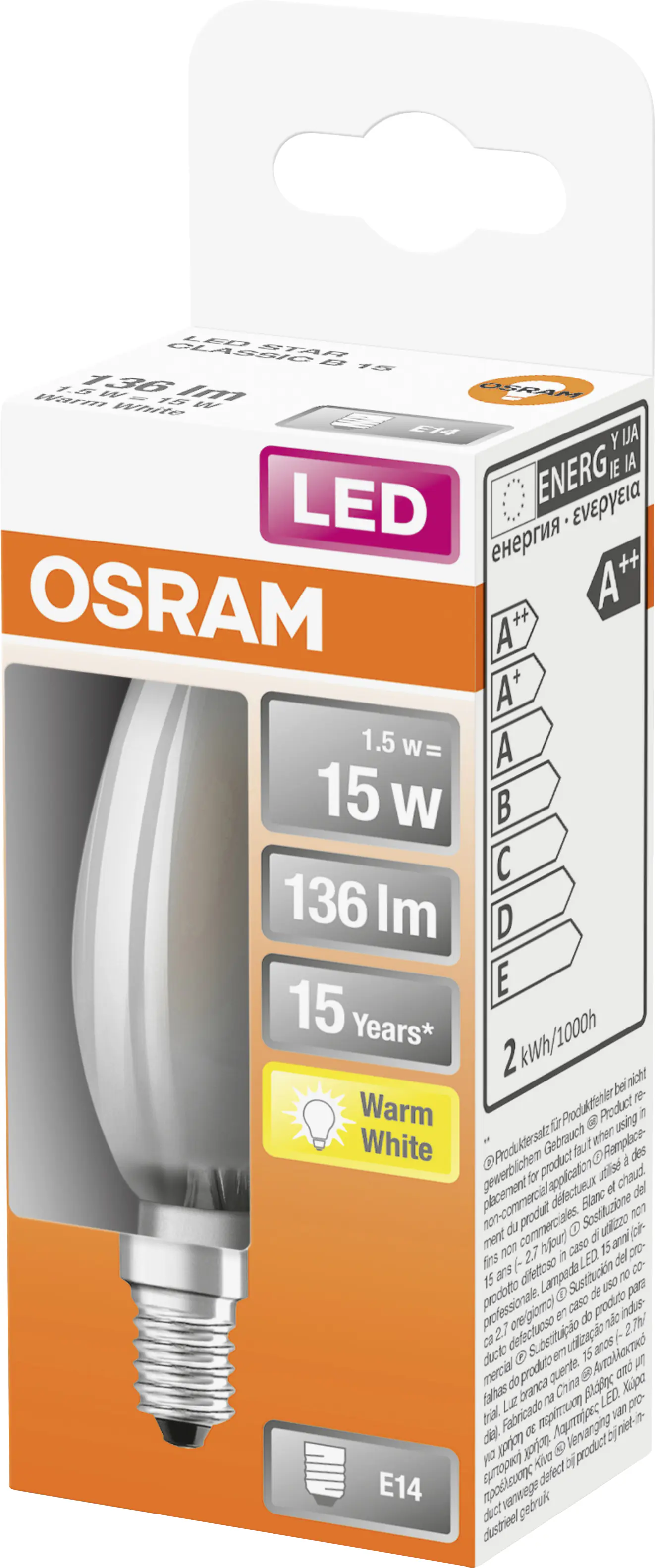 Osram LED Leuchtmittel Retrofit Classic B E14 1,5 W warmweiß, weiß matt