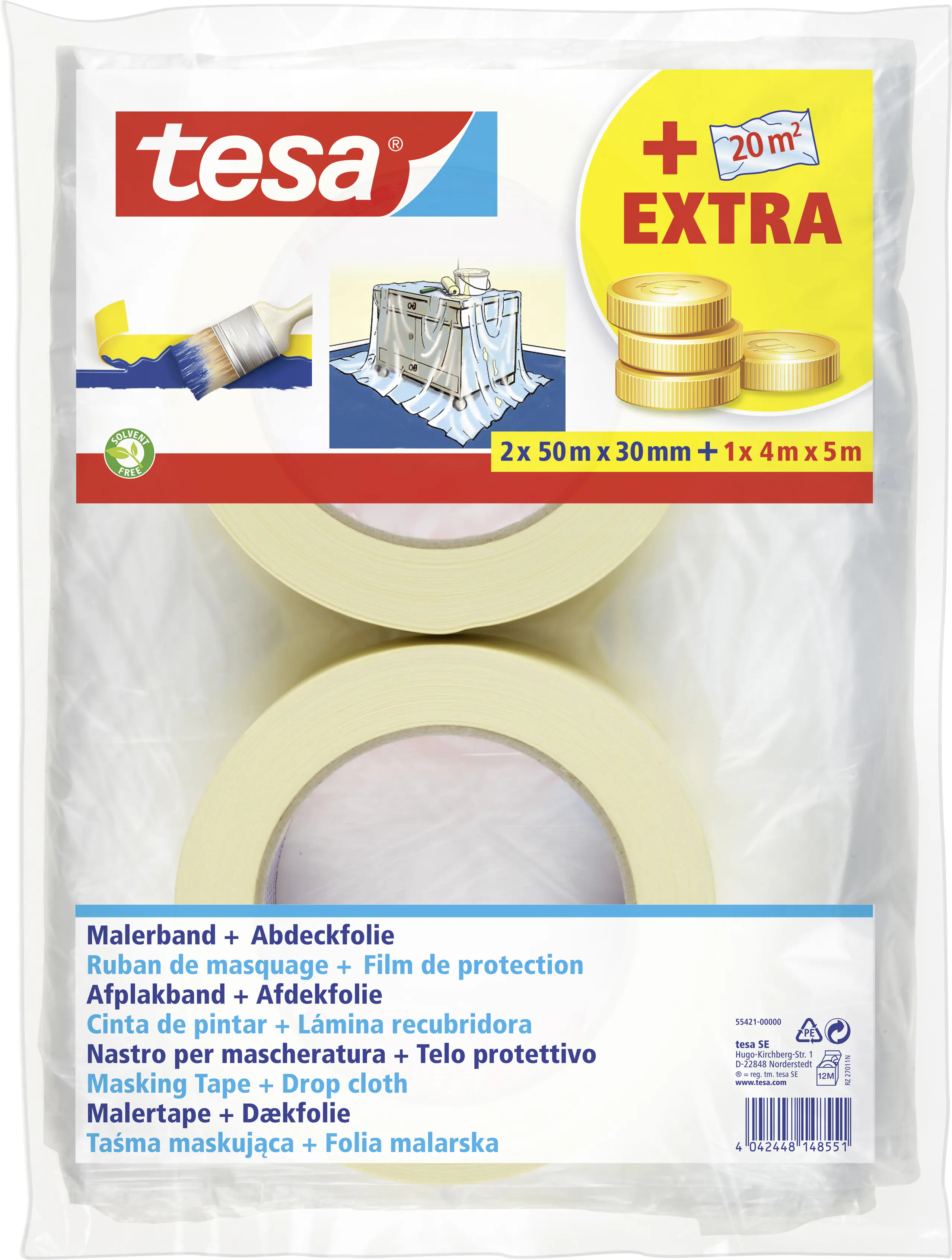 tesa Set Universal 2 x Kreppband 50 m x 30 mm, 1 x Abdeckfolie 4 x 5 m