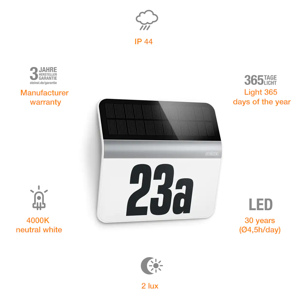 Steinel LED Solarleuchte XSolar LH-N silber mit Hausnummer und Dämmerungssensor