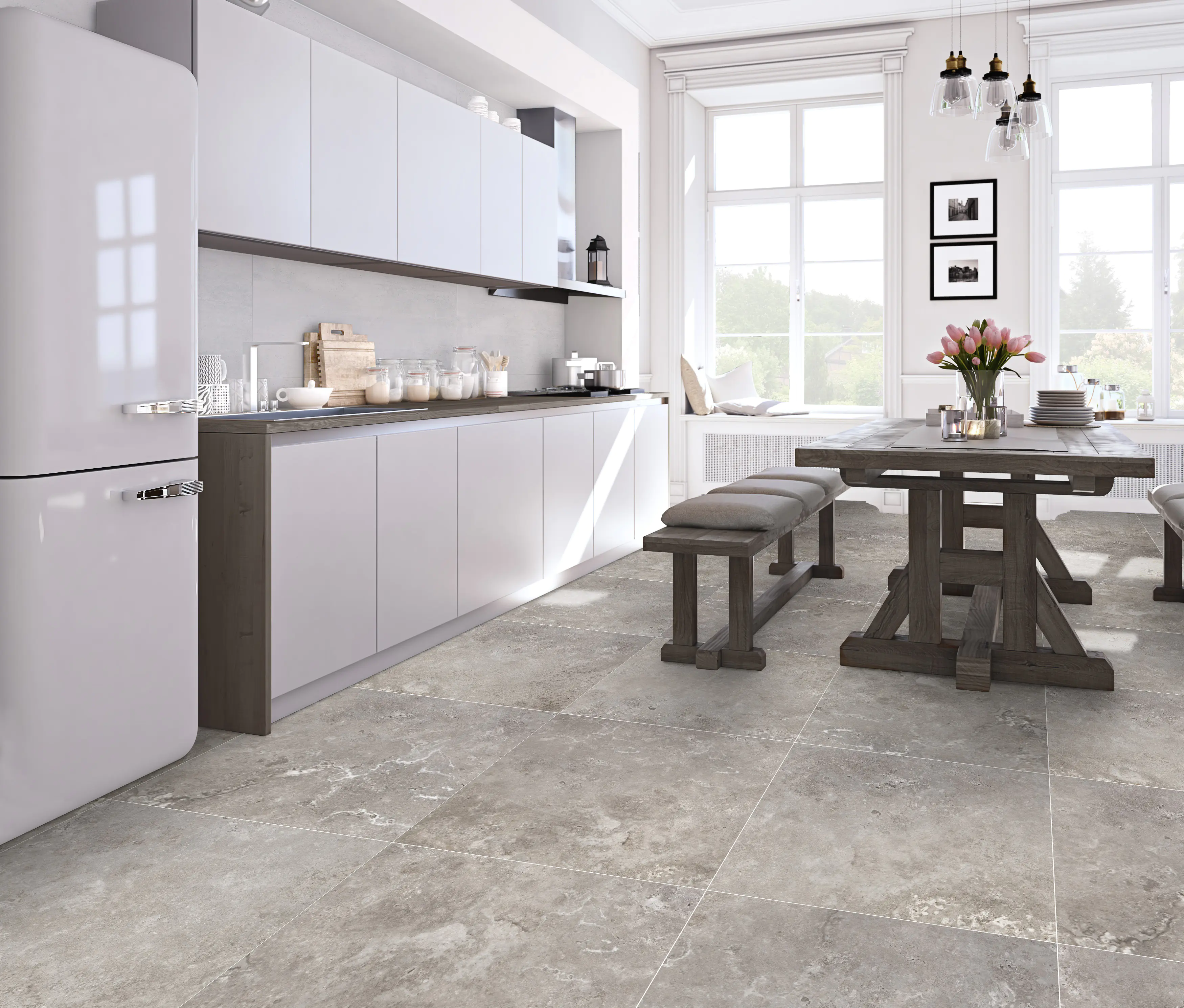 Bodenfliese Feinsteinzeug Travertino 60 x 60 cm grau