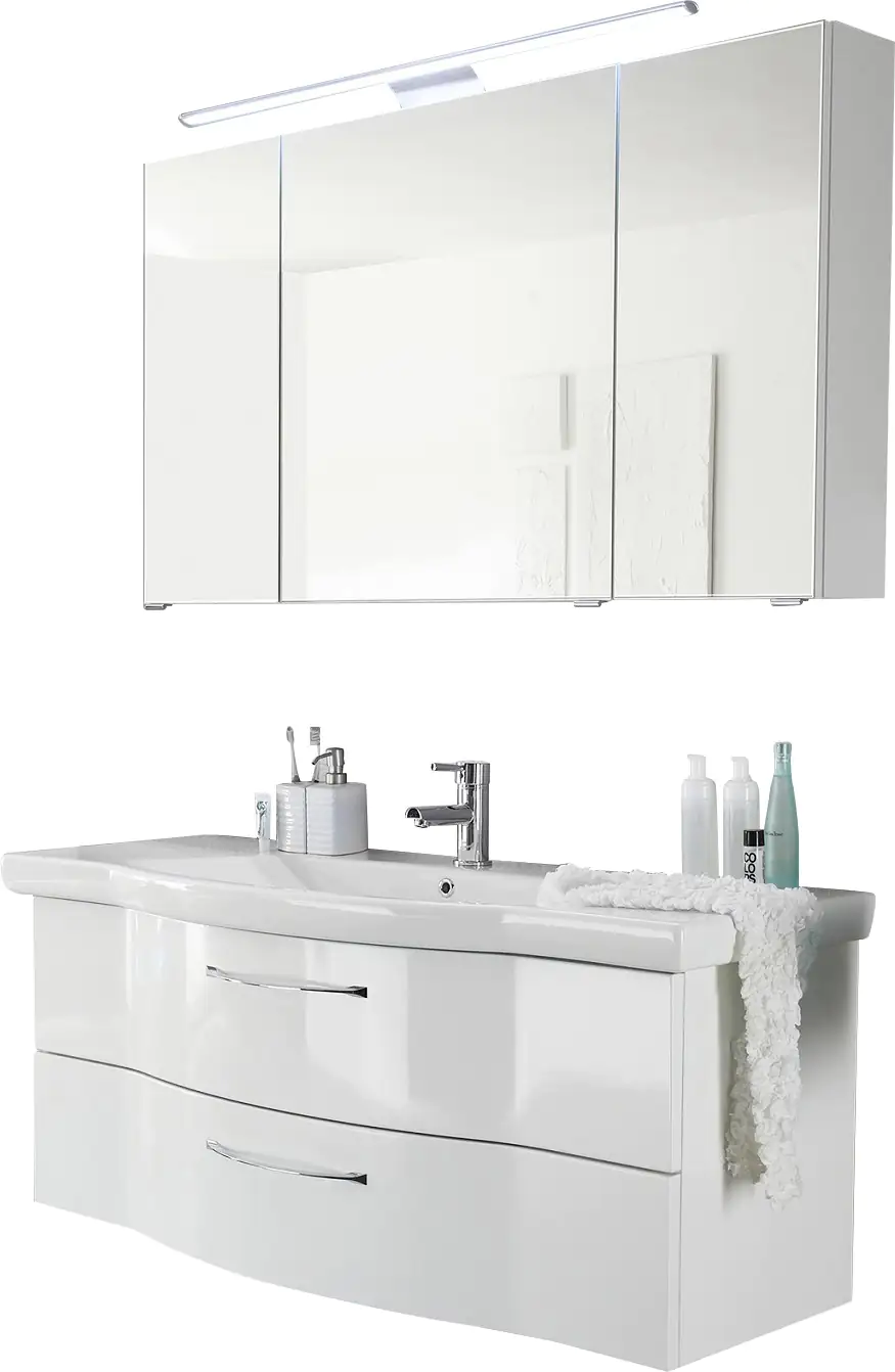 Pelipal Badmöbel-Set 6005 Weiß Hgl mit Mineralmarmor-Waschtisch + LED-Aufsatzleuchte 122 cm