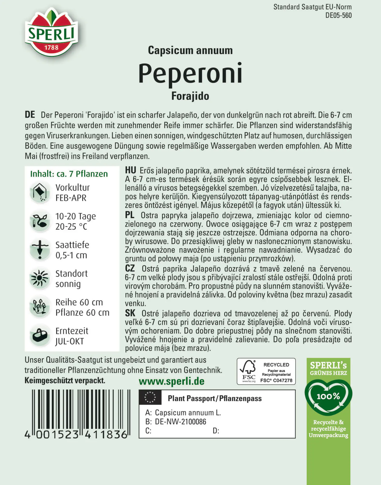 Sperli Saatgut Peperoni Forajido für ca. 7 Pflanzen