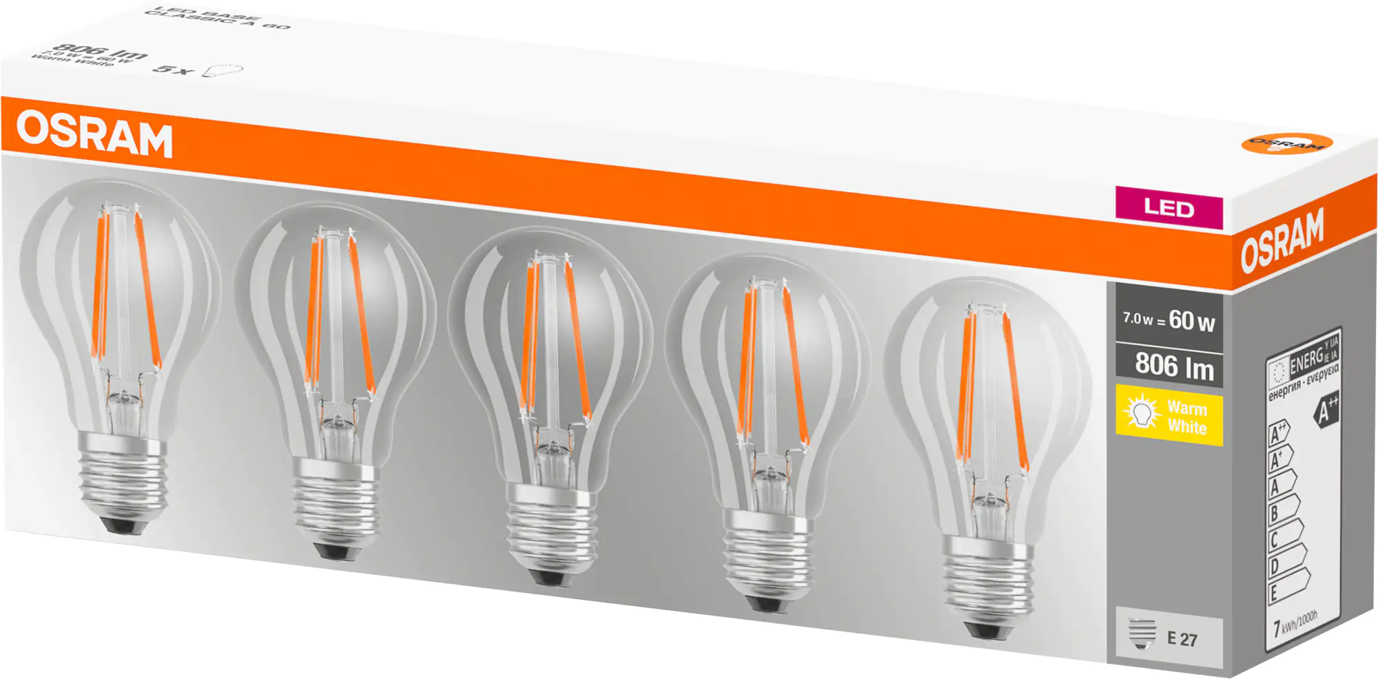 Osram LED Leuchtmittel Base Classic A 60 5er Pack E 27 - 7 W Filament klar