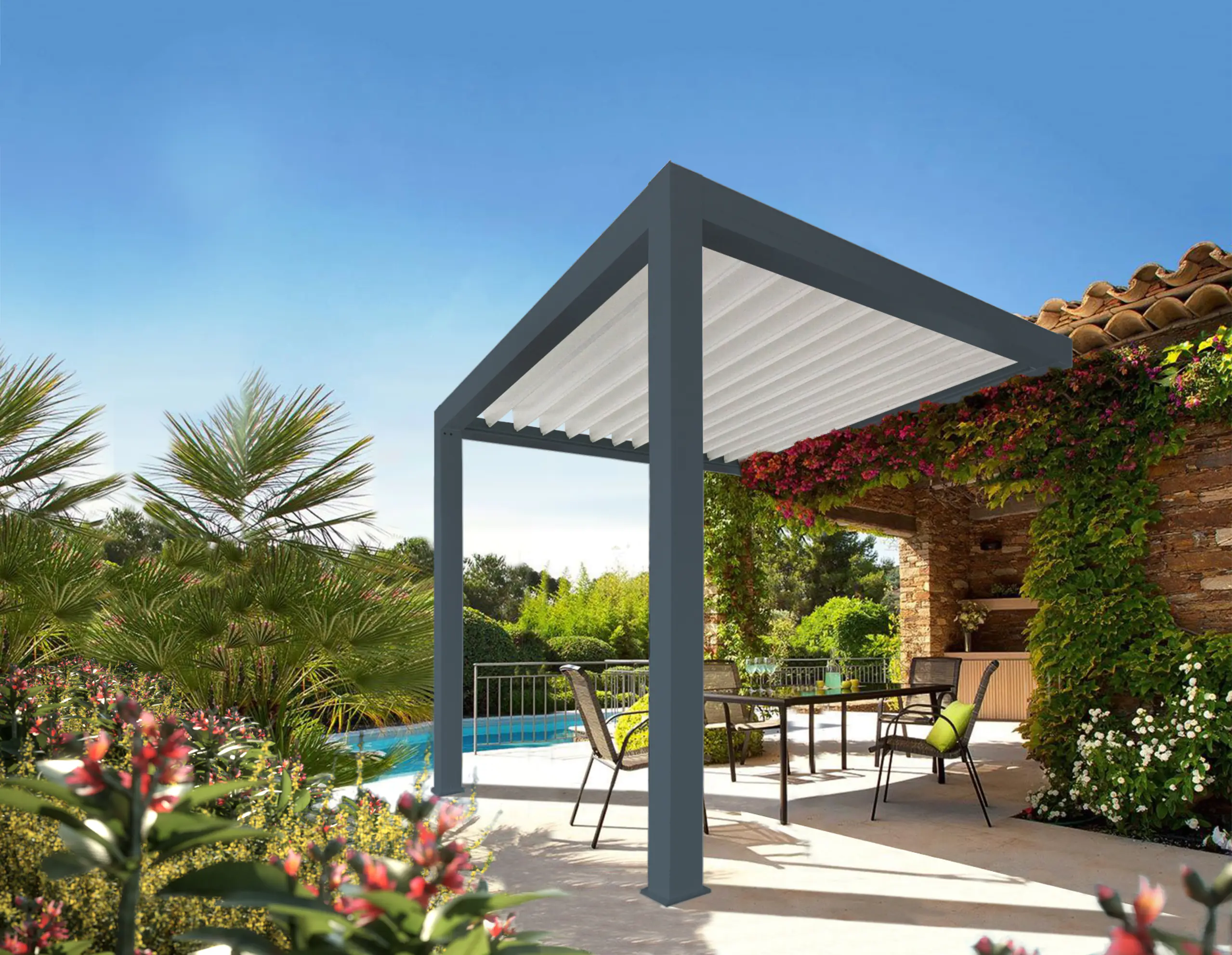 Lamellen Terrassenüberdachung 480 x 400,3 x 266 cm grau/weiß