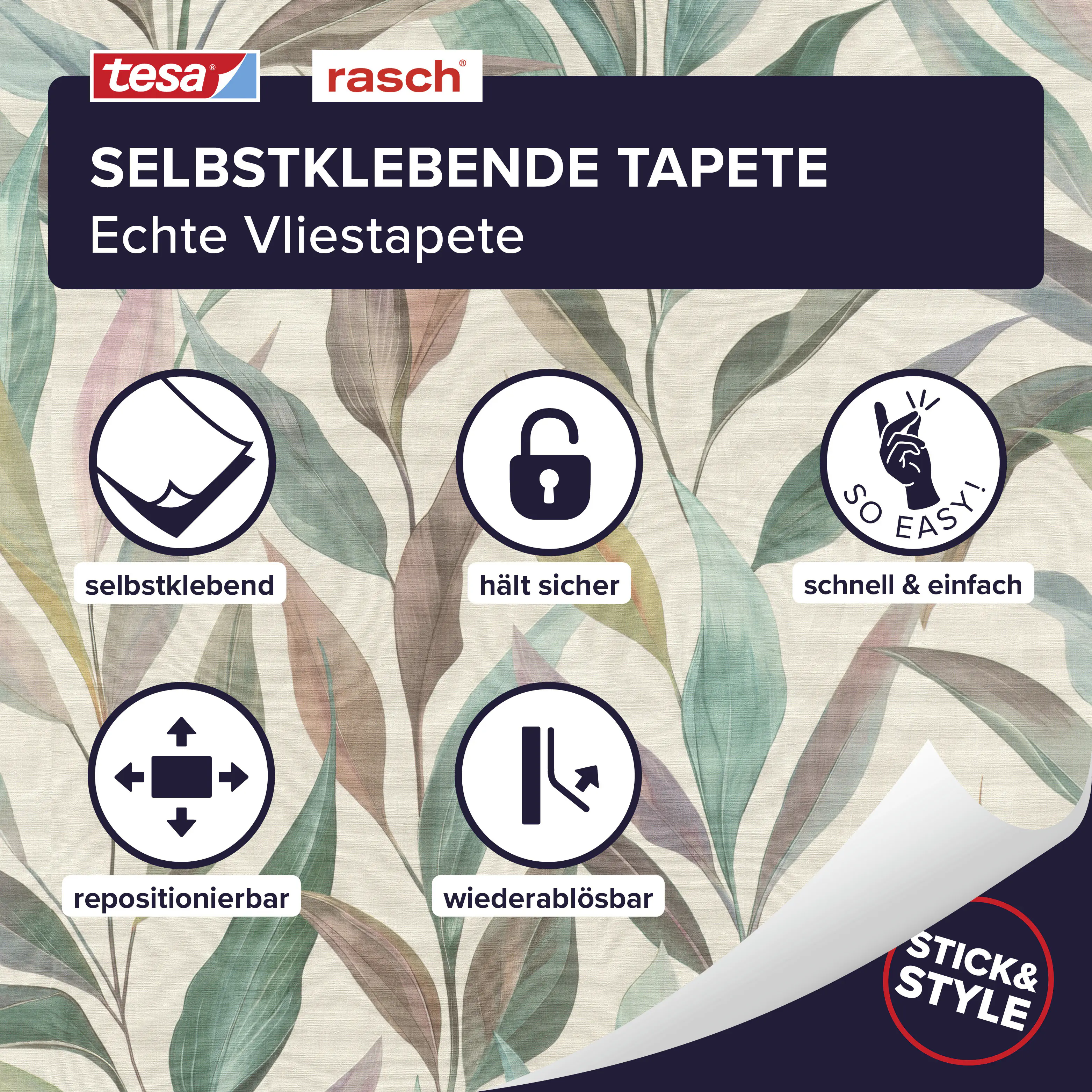 Tesa x Rasch selbstklebende Vliestapete Fiesta Blätter bunt 6 x 0,53 m