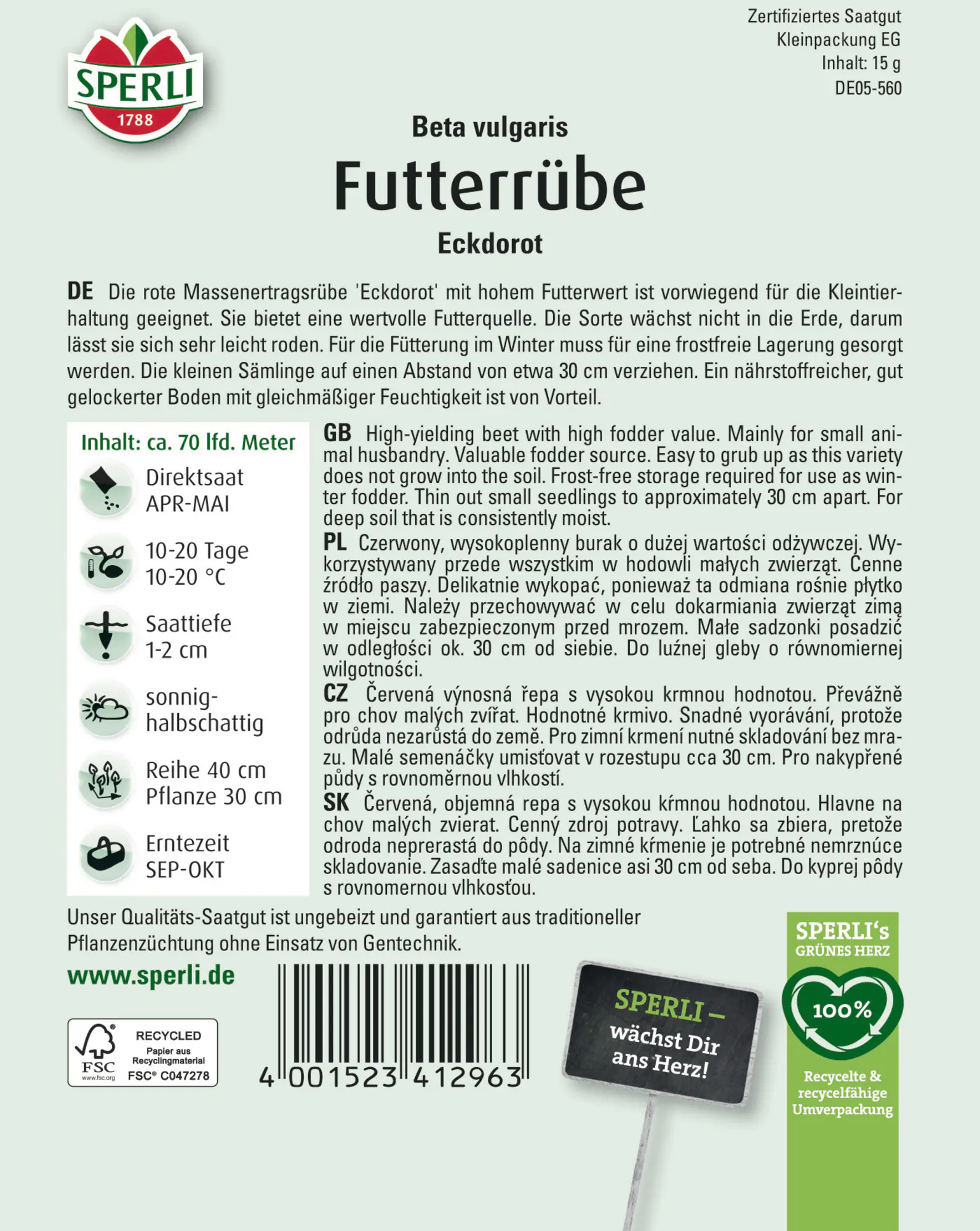 Sperli Saatgut Futterrüben Eckdorot für bis zu 70 lfd. Meter