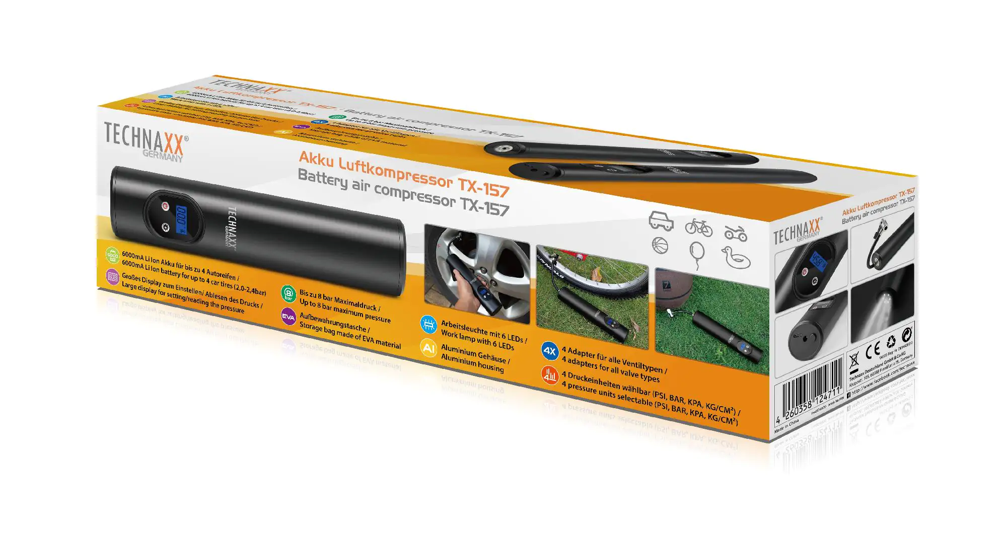 Technaxx Akku-Kompressor TX-157 max. 8 bar digitales Display inkl. Akku mit Arbeitslampe
