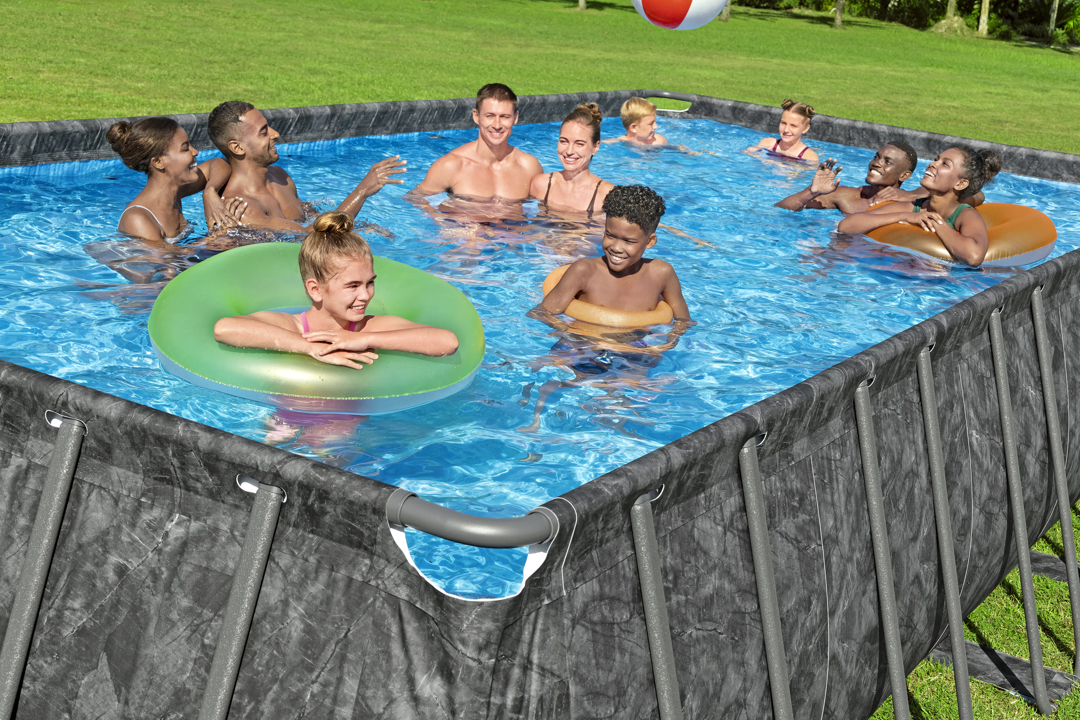 Bestway Winterfestes Frame Pool APX365 Komplett-Set mit Sandfilteranlage 732 x 366 x 132 cm marmor-optik eckig