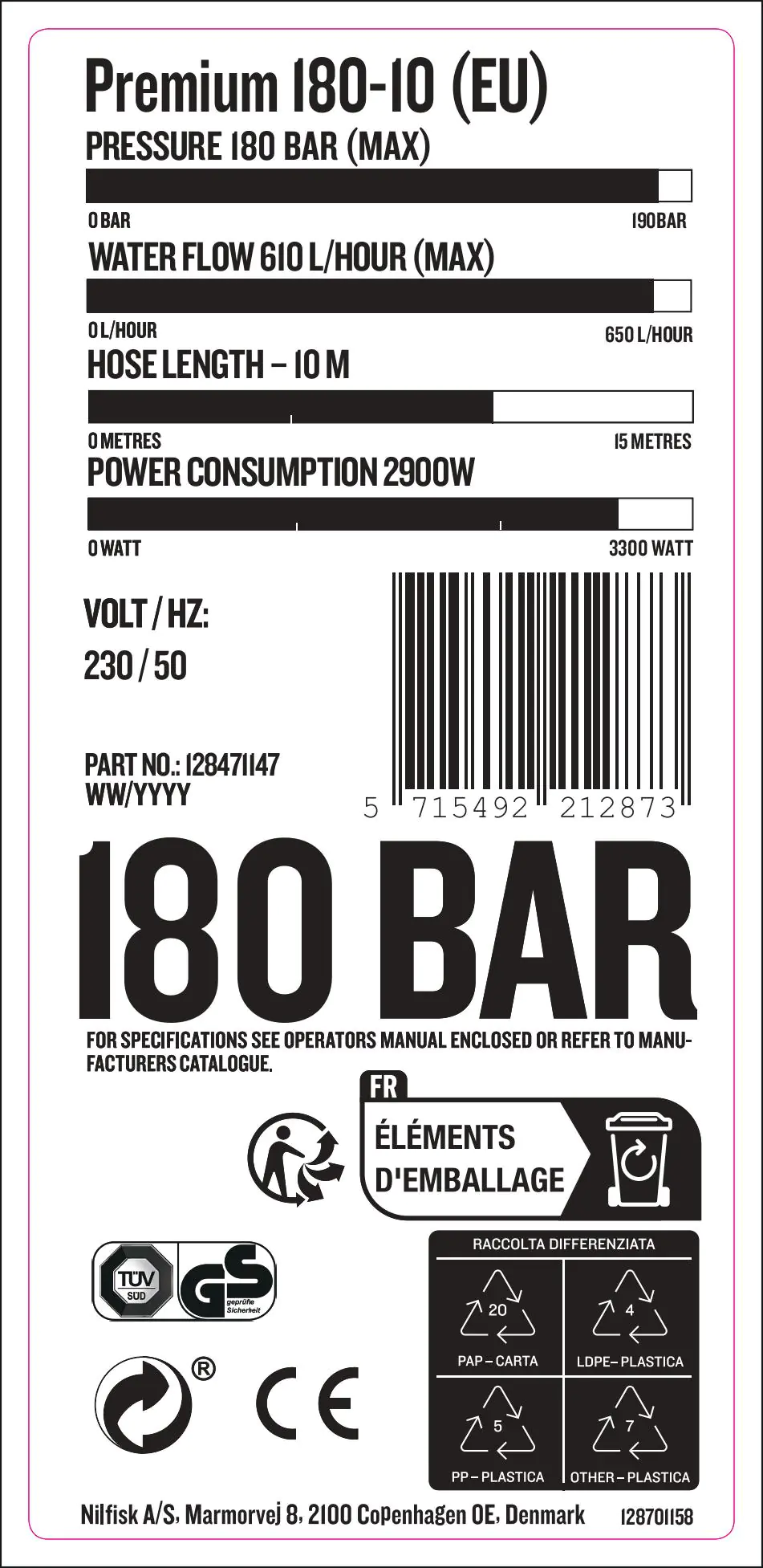 Nilfisk Hochdruckreiniger Premium 180 -10 2900 W 180 bar 610 l/h