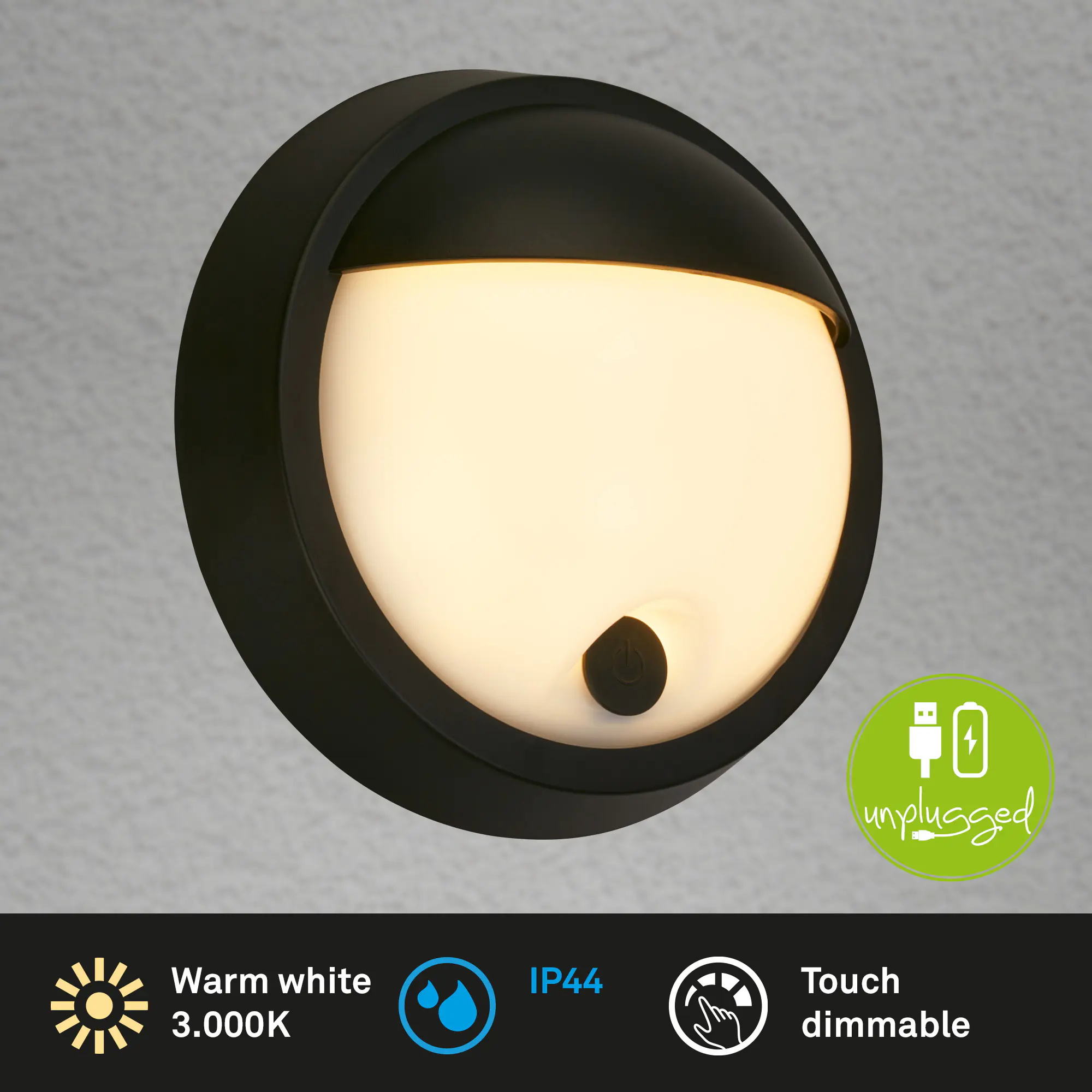 Briloner LED Akku-Außenwandleuchte Puni 4W schwarz Touch-Dimmer warmweiß