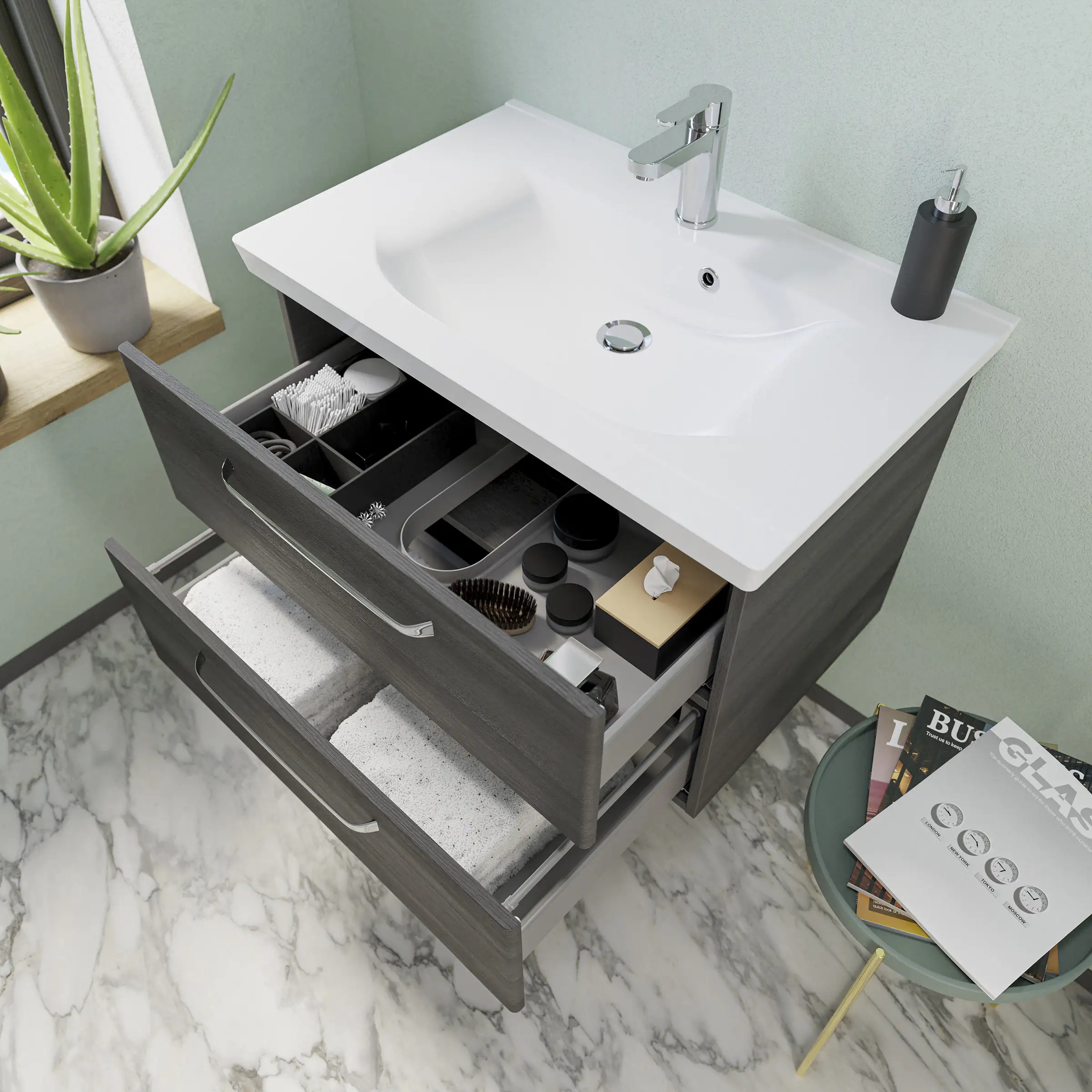 Pelipal Badmöbel-Set Trentino Graphit Struktur quer mit Mineralmarmor-Waschtisch+Kranz-Leuchte 80 cm