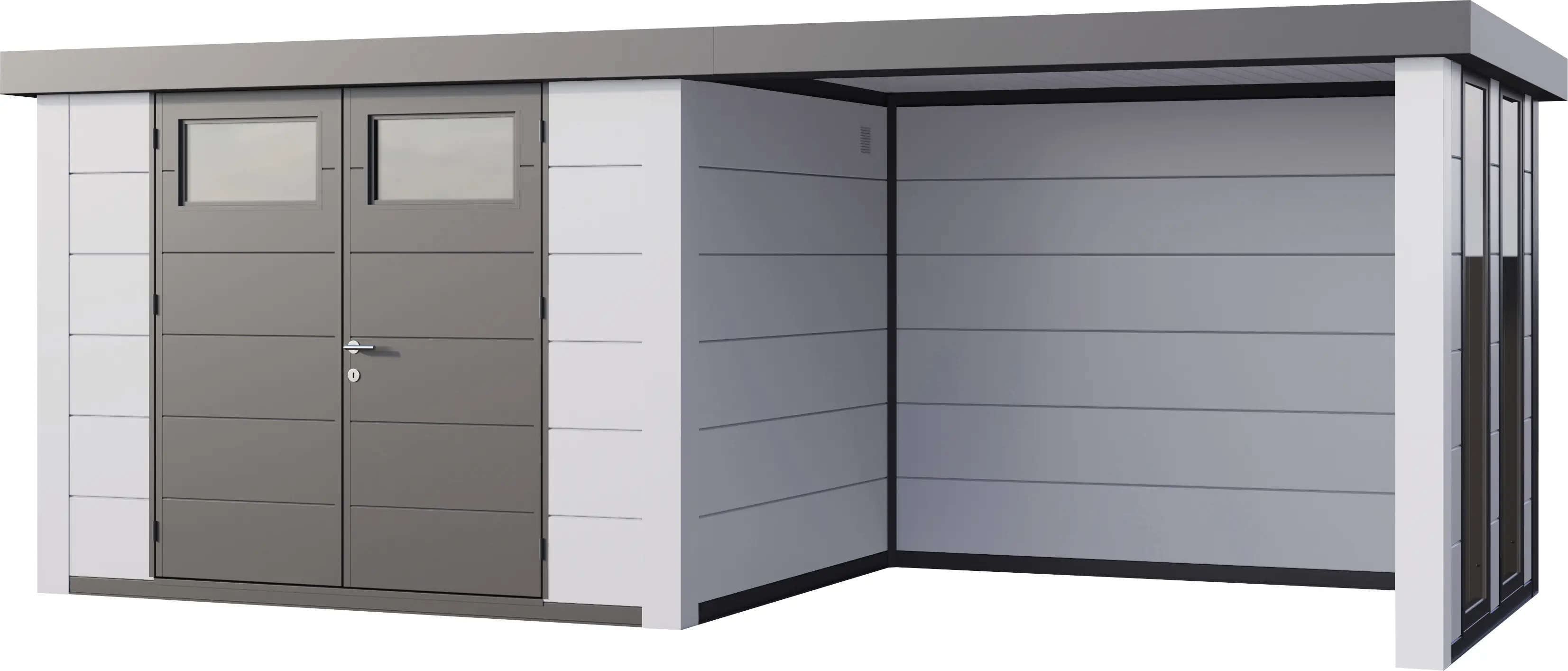 Telluria Gerätehaus Classico Lounge S mit Fenstern 3024 rechts weiß 582 x 238 cm