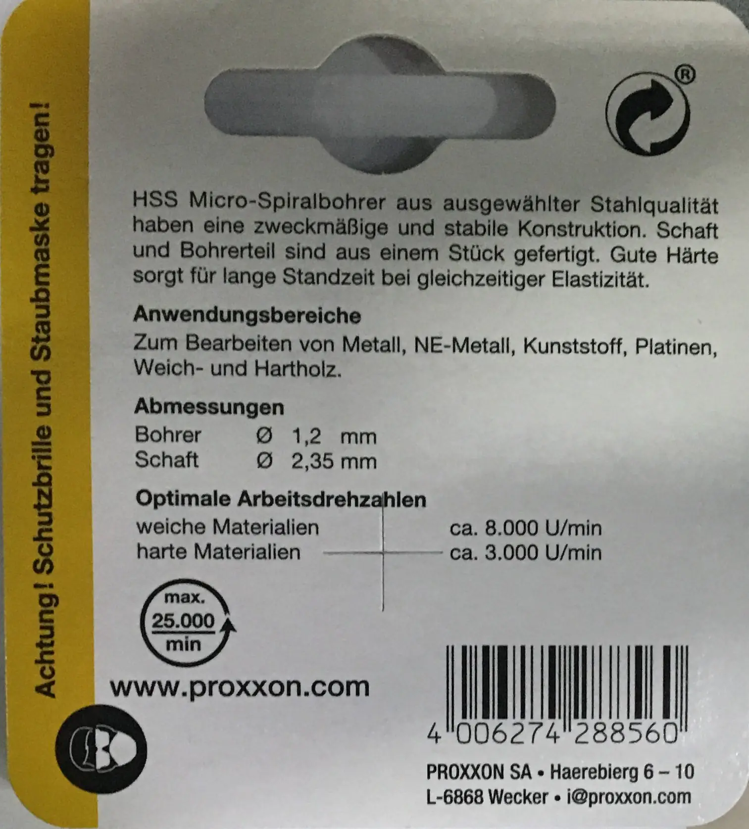 Proxxon Micromot Mikro-Spiralbohrer 1,2 mm 3 Stück