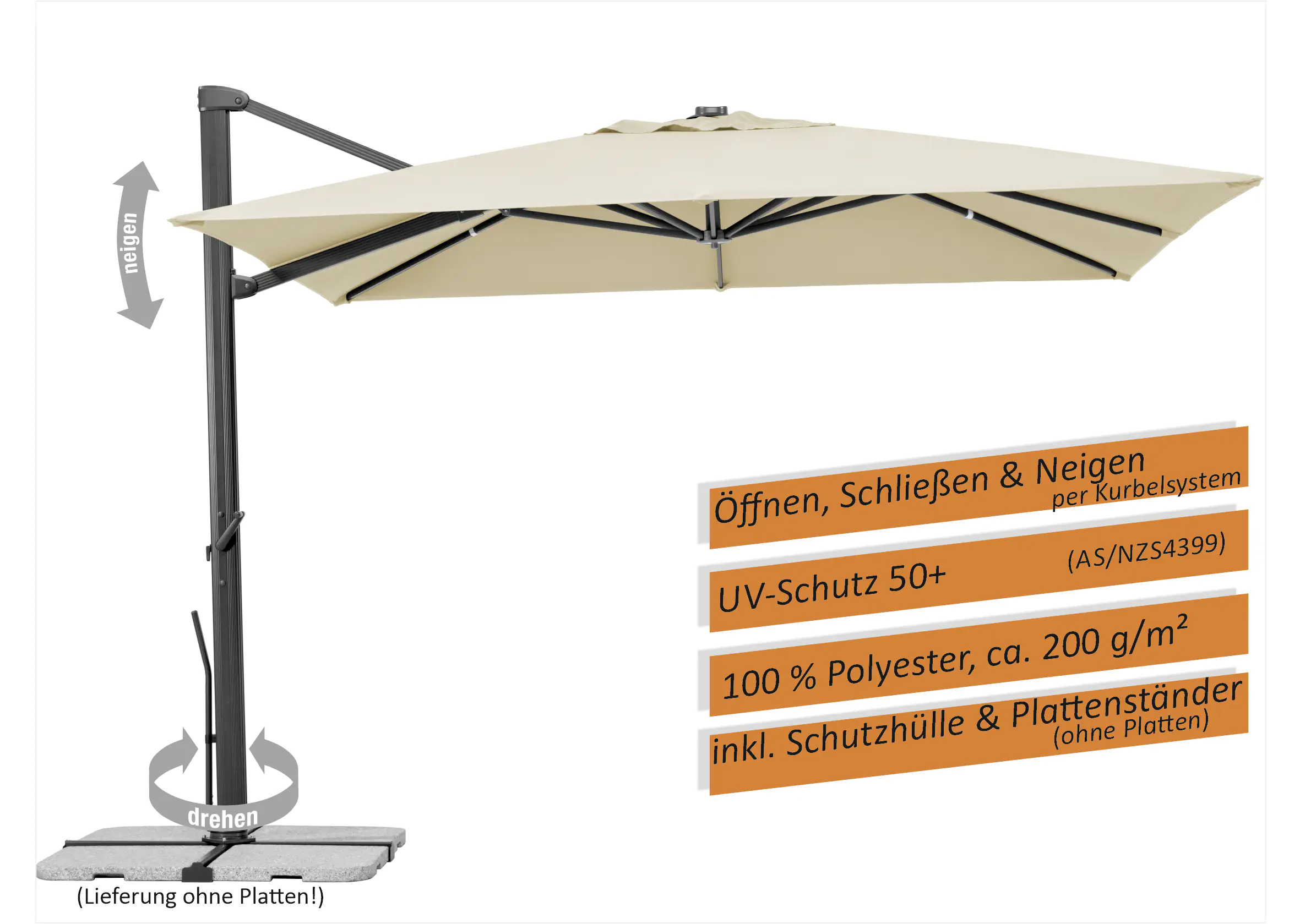 Schneider Ampelschirm Rhodos Smart natur 300 x 300 cm inkl. Sonnenschirmhülle