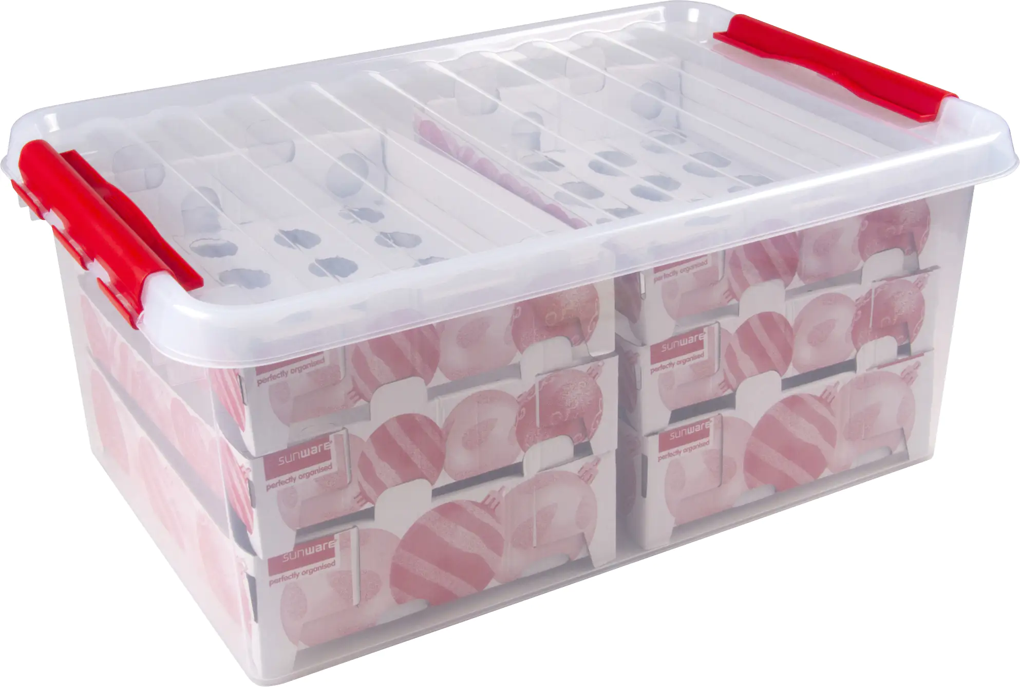 Sunware Weihnachtsbox Q-line 45L mit Einsatz für 98 Kugeln transparent rot