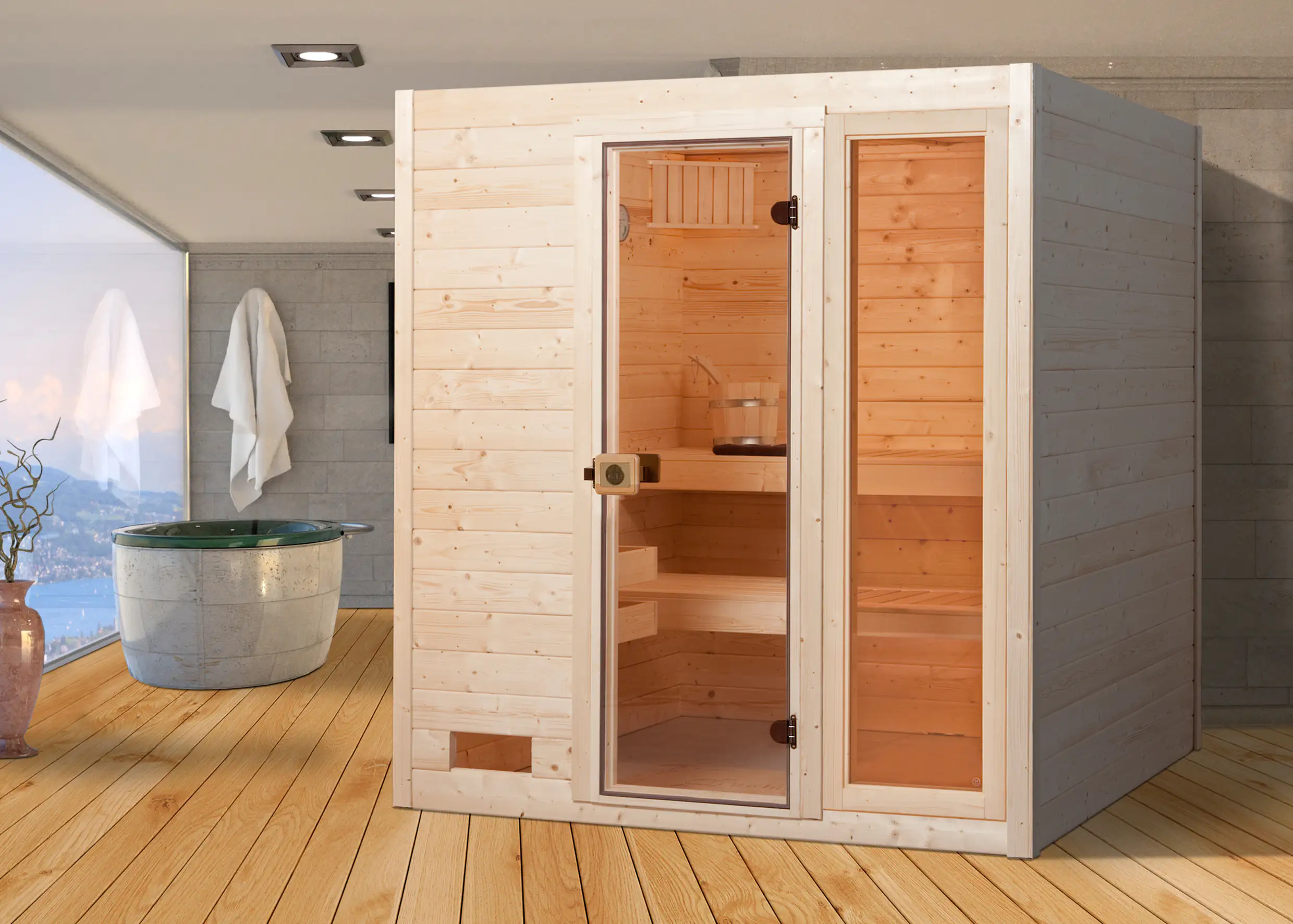 Weka Massivholzsauna Valida 3 mit Glastür und Fenster