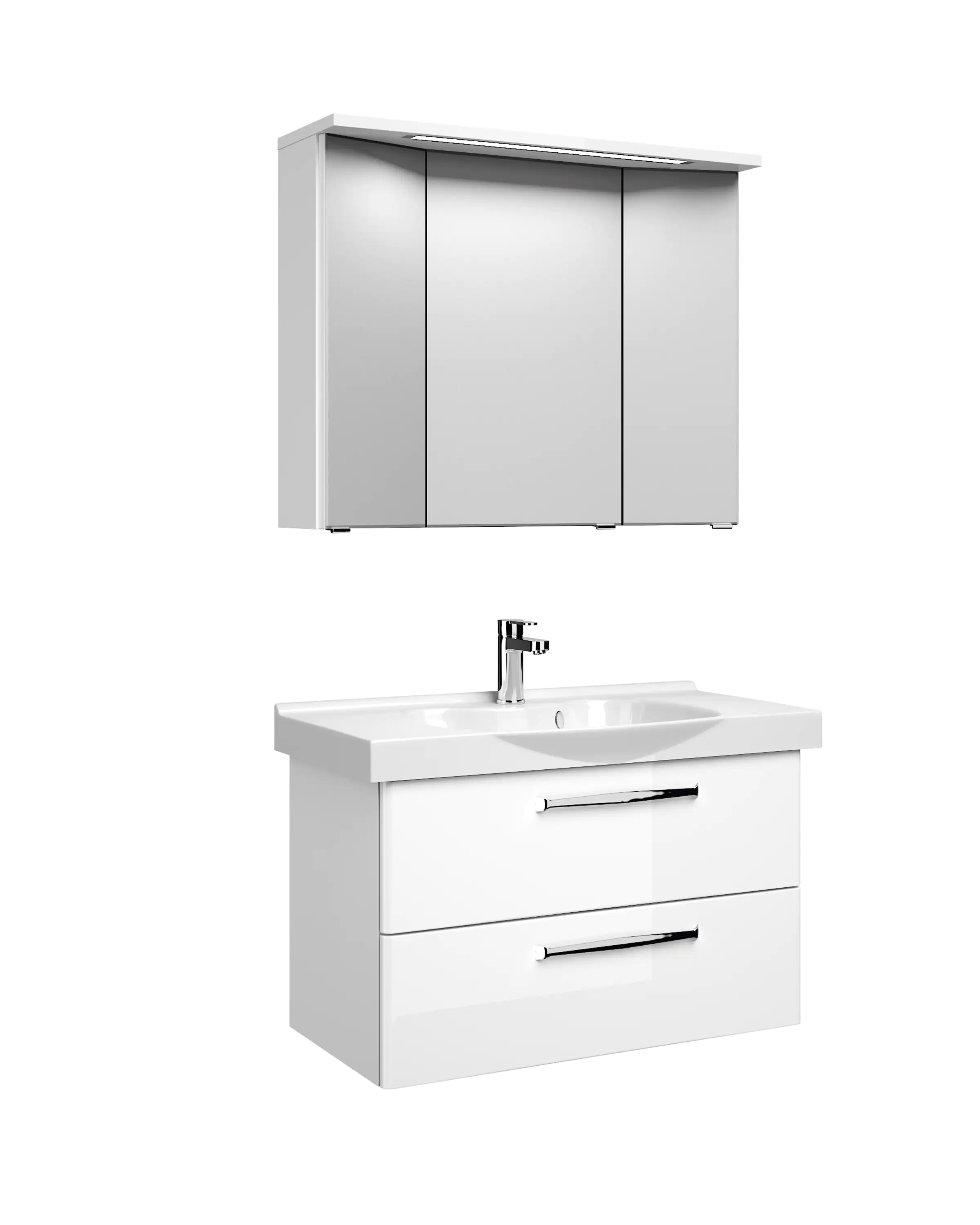 Pelipal Badmöbel-Set Trentino Weiß Hgl/Weiß Glanz mit Keramik-Waschtisch + 3D-Spiegelschrank 92 cm