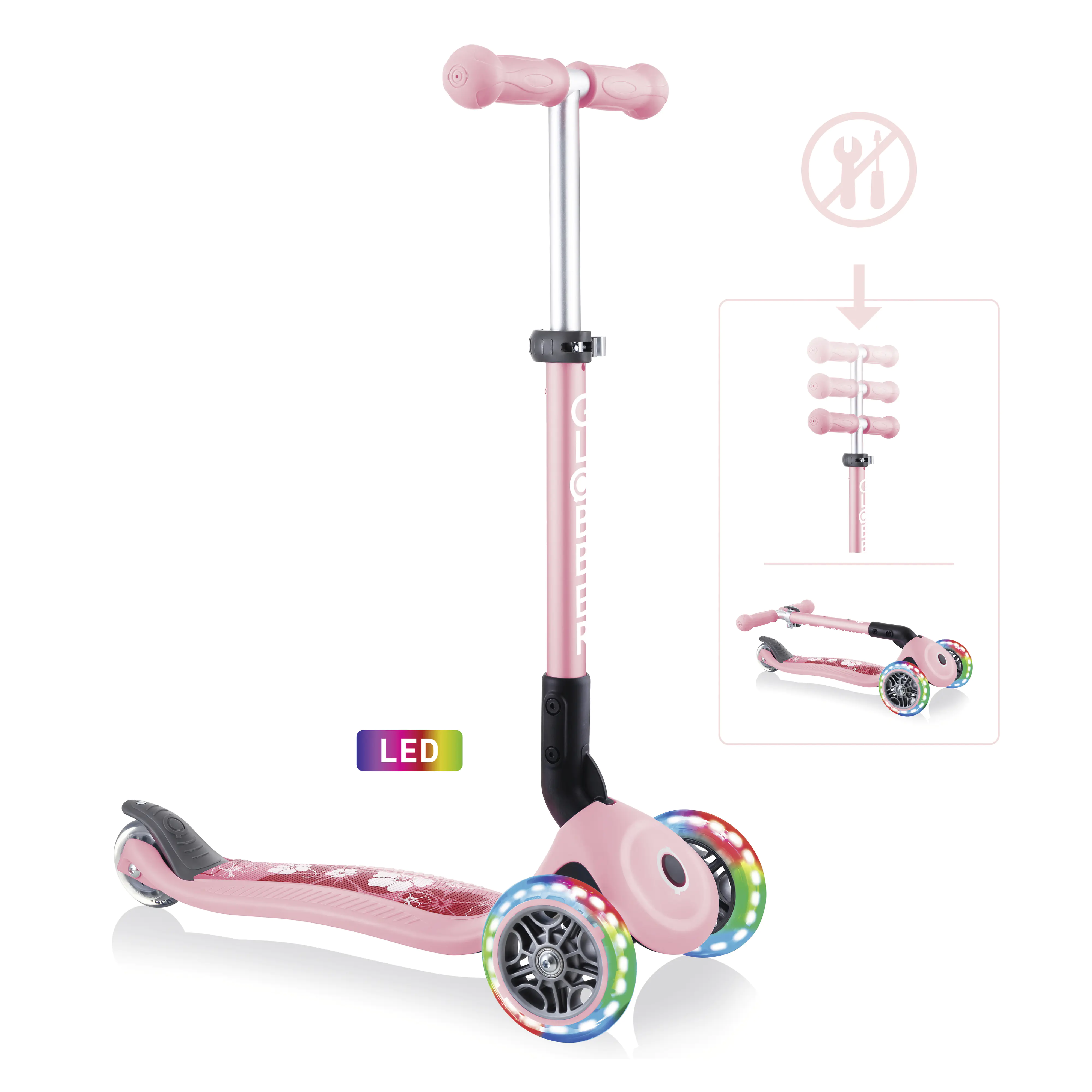Globber Scooter Junior Foldable Lights pastellrosa-Flowers mit Leuchtrollen