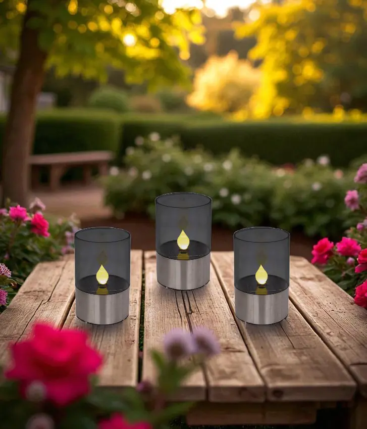 LED Solarleuchte Kerze mit Dämmerungssensor Rauchglas 12 cm - 3er Set