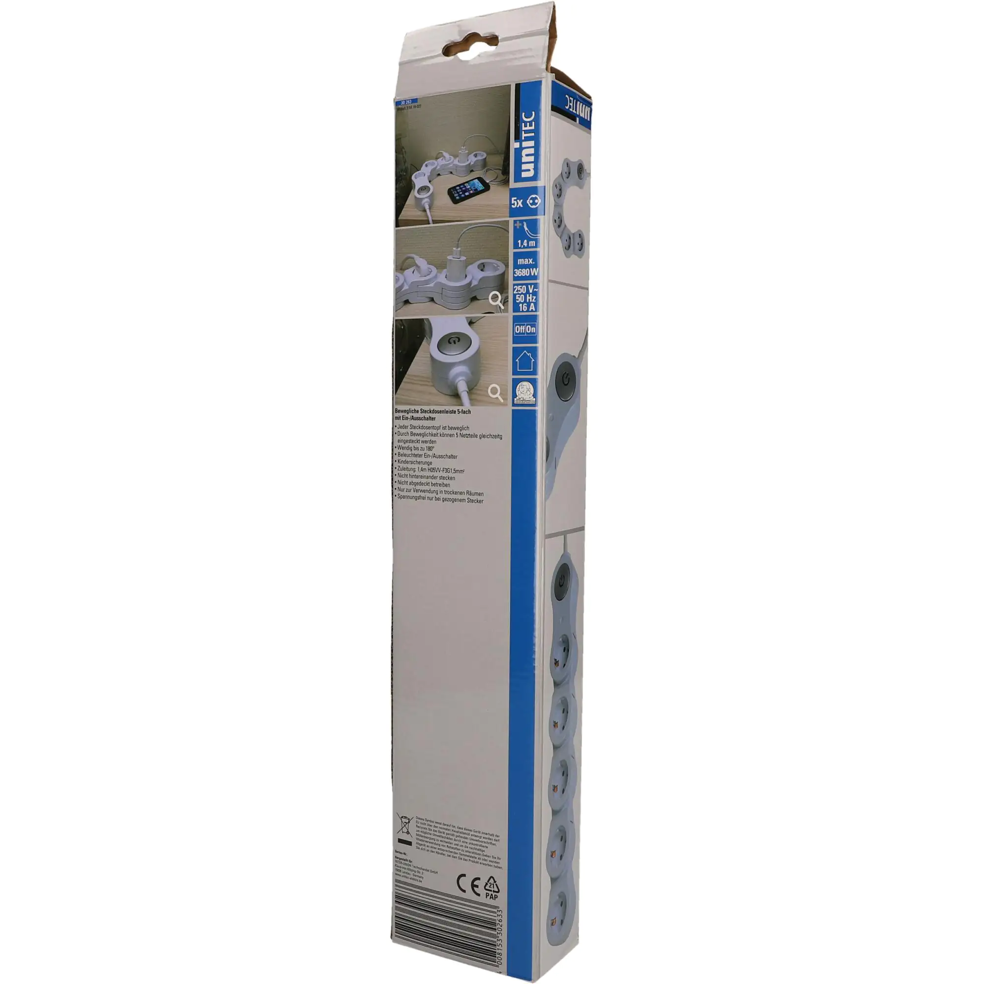 Unitec Steckdosenleiste 5-fach 1,4m flexibel, weiß