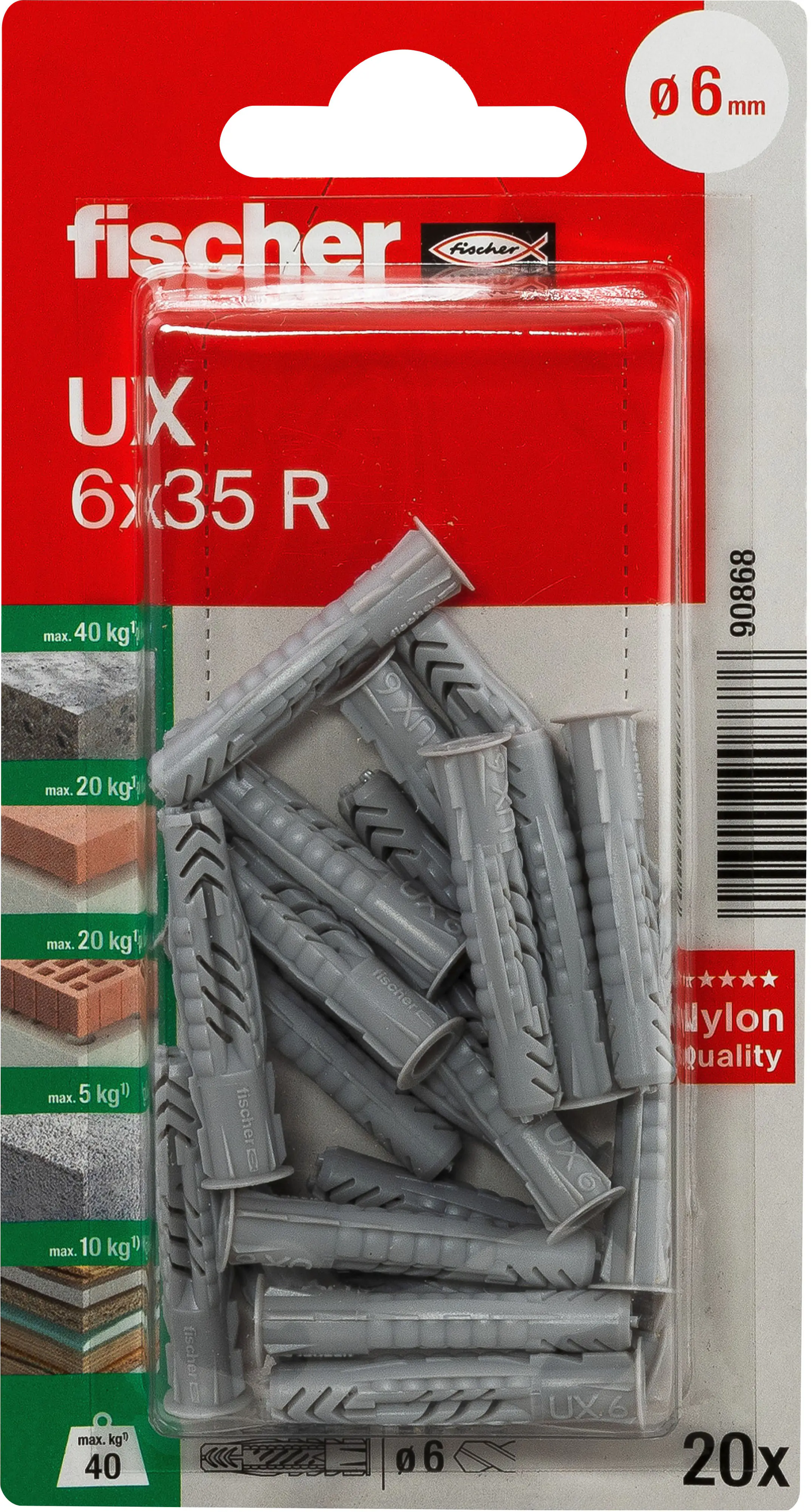 Fischer Universaldübel UX 6 x 35 mm mit Rand - 20 Stück