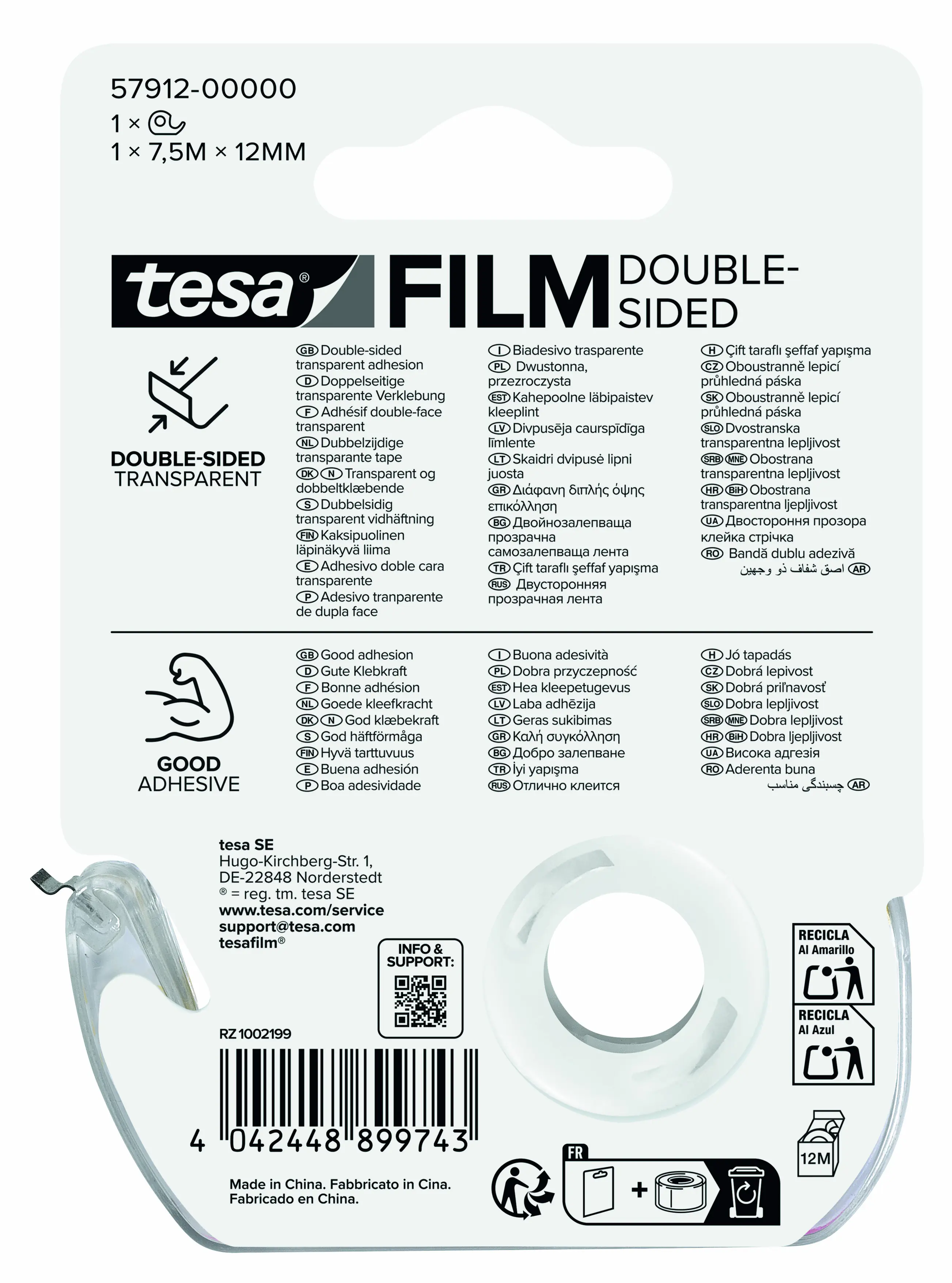 tesa doppelseitiger Klebefilm, 1 Rolle mit Abroller 7,5 m x 12 mm