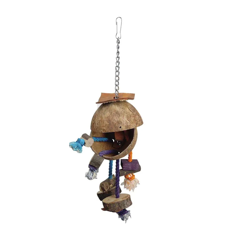 Ollesch Vogelspielzeug 59 cm Kokosnuss mit Seilen bunt