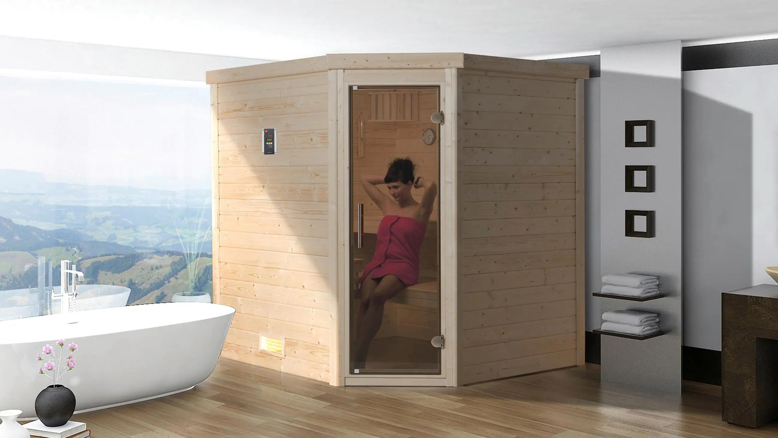 Weka Massivholzsauna Turku 1 mit Glastür mit Sparset 1