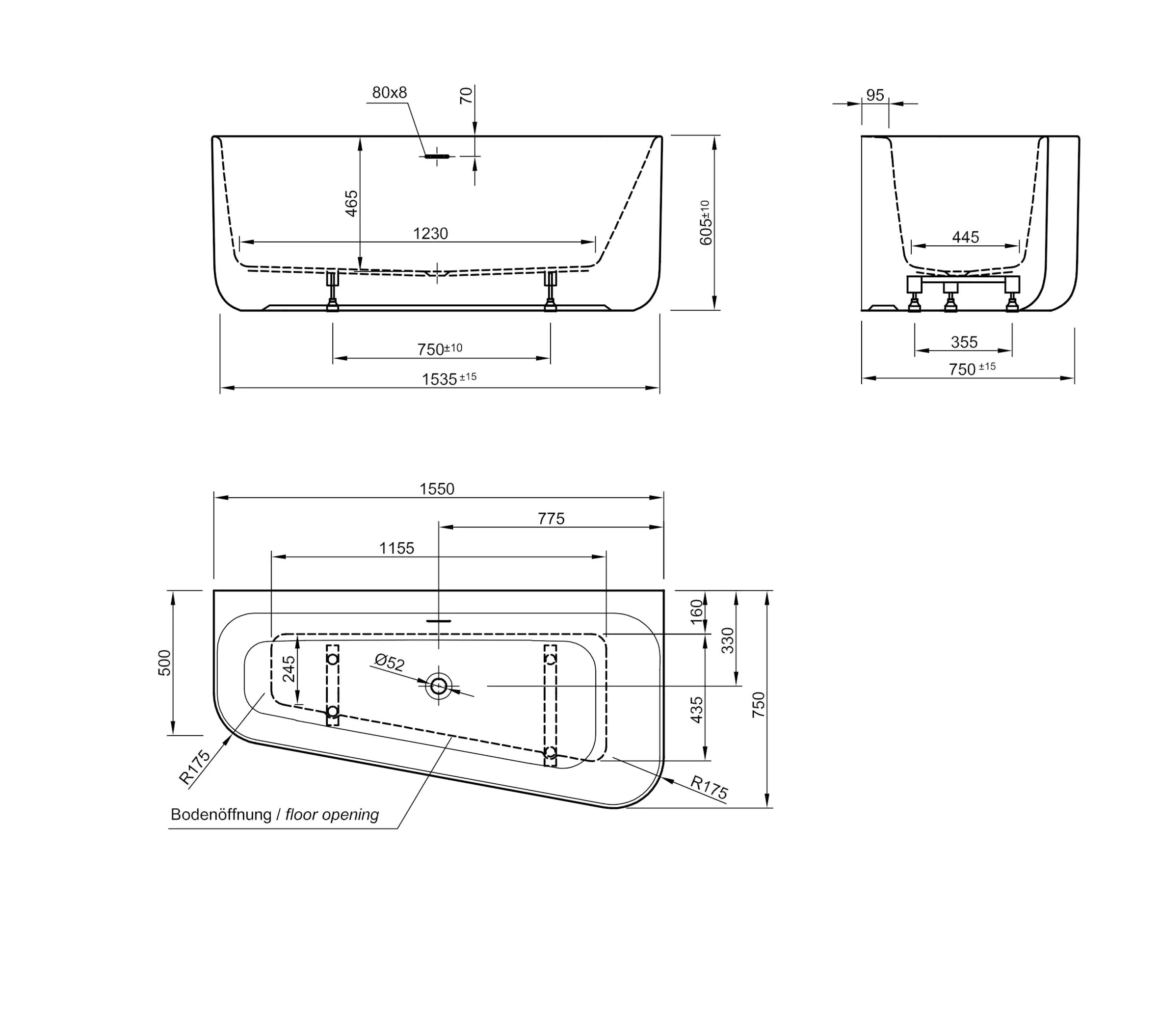 Ottofond Badewanne Pino links 155x75x46,5 cm, weiß, Modell B
