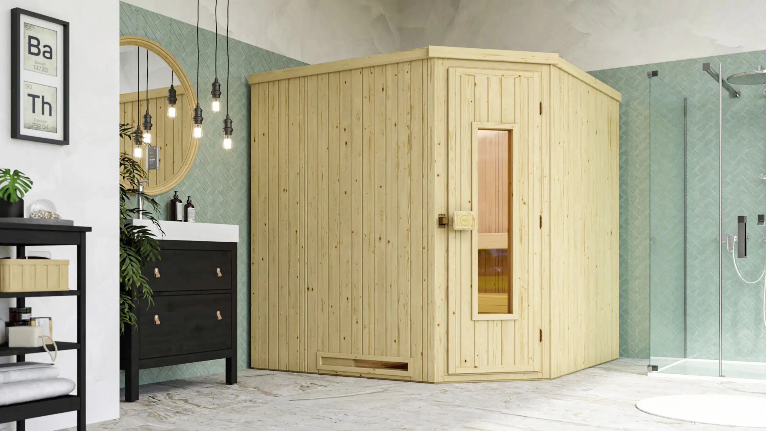 Weka Element-Ecksauna Varberg 3 mit Holztür