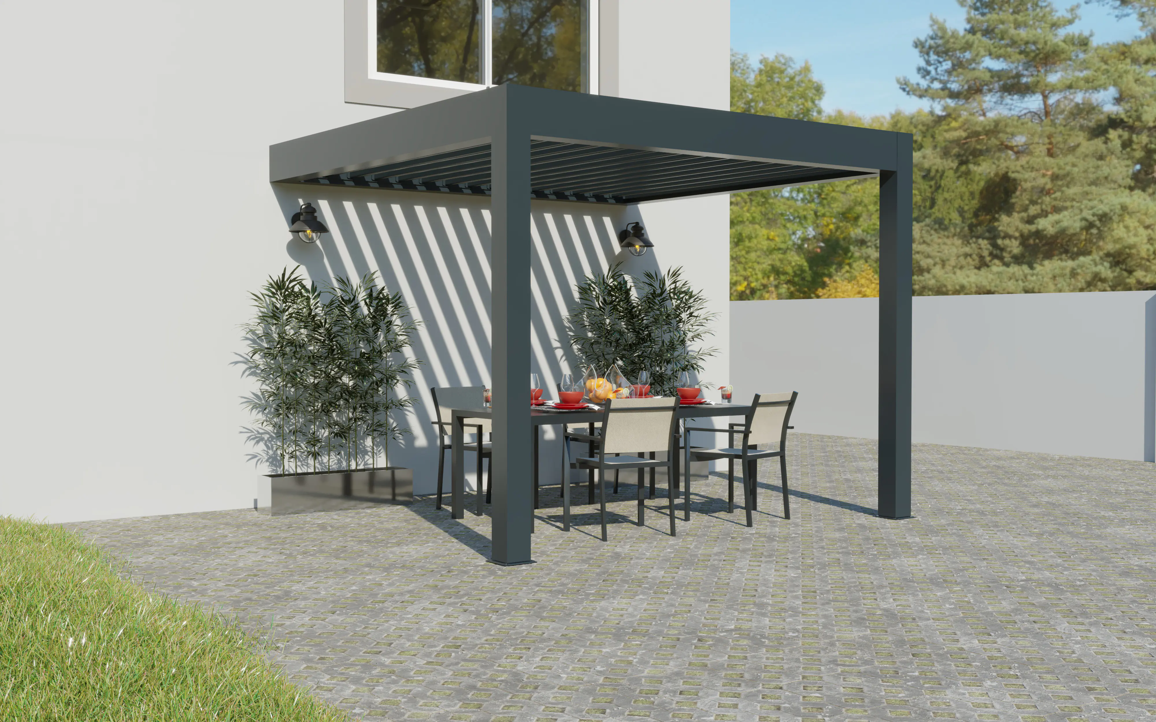 Lamellen Terrassenüberdachung 400 x 341 x 266 cm grau